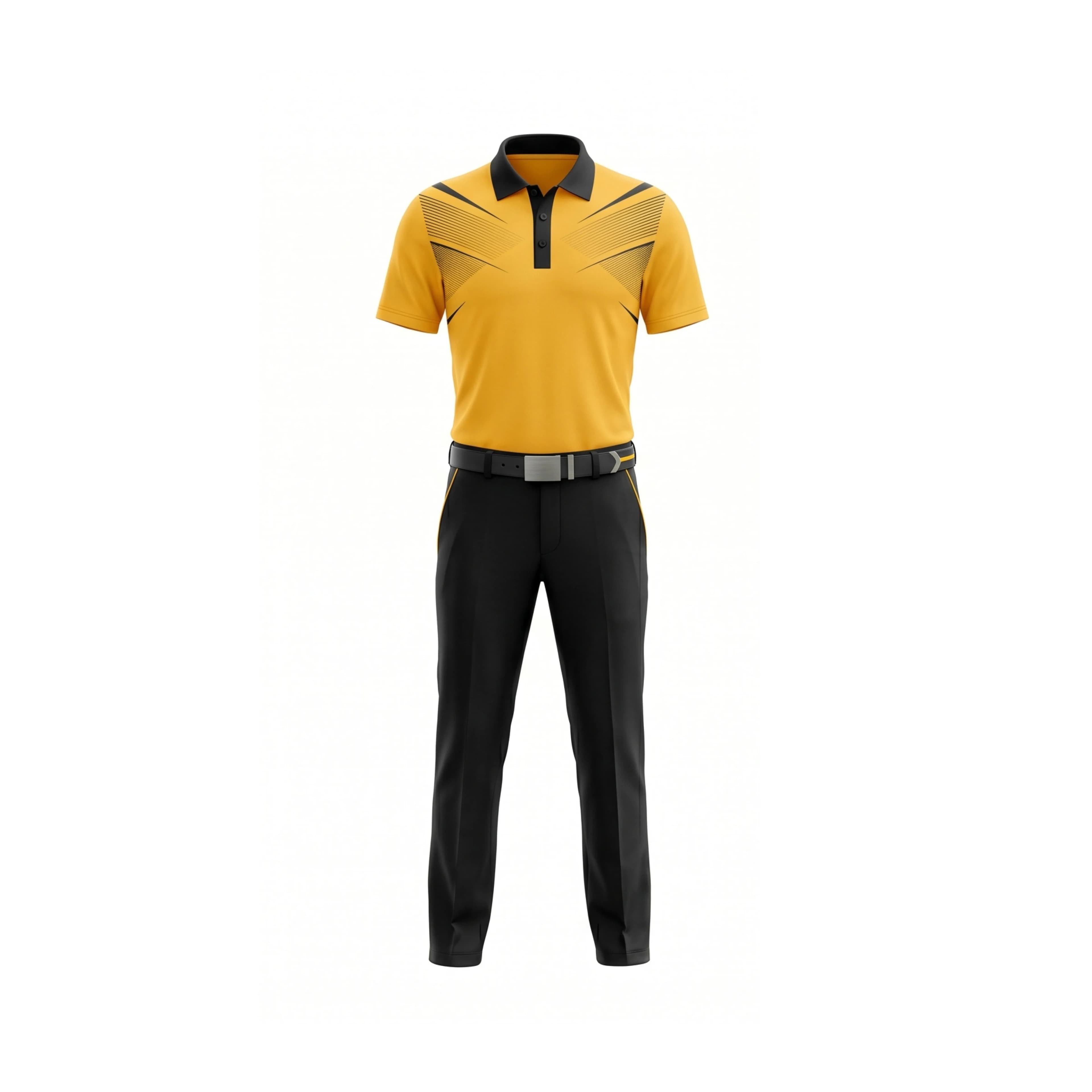 Gold Yellow & Black Geometric Golf Polo Shirt with Black Trousers