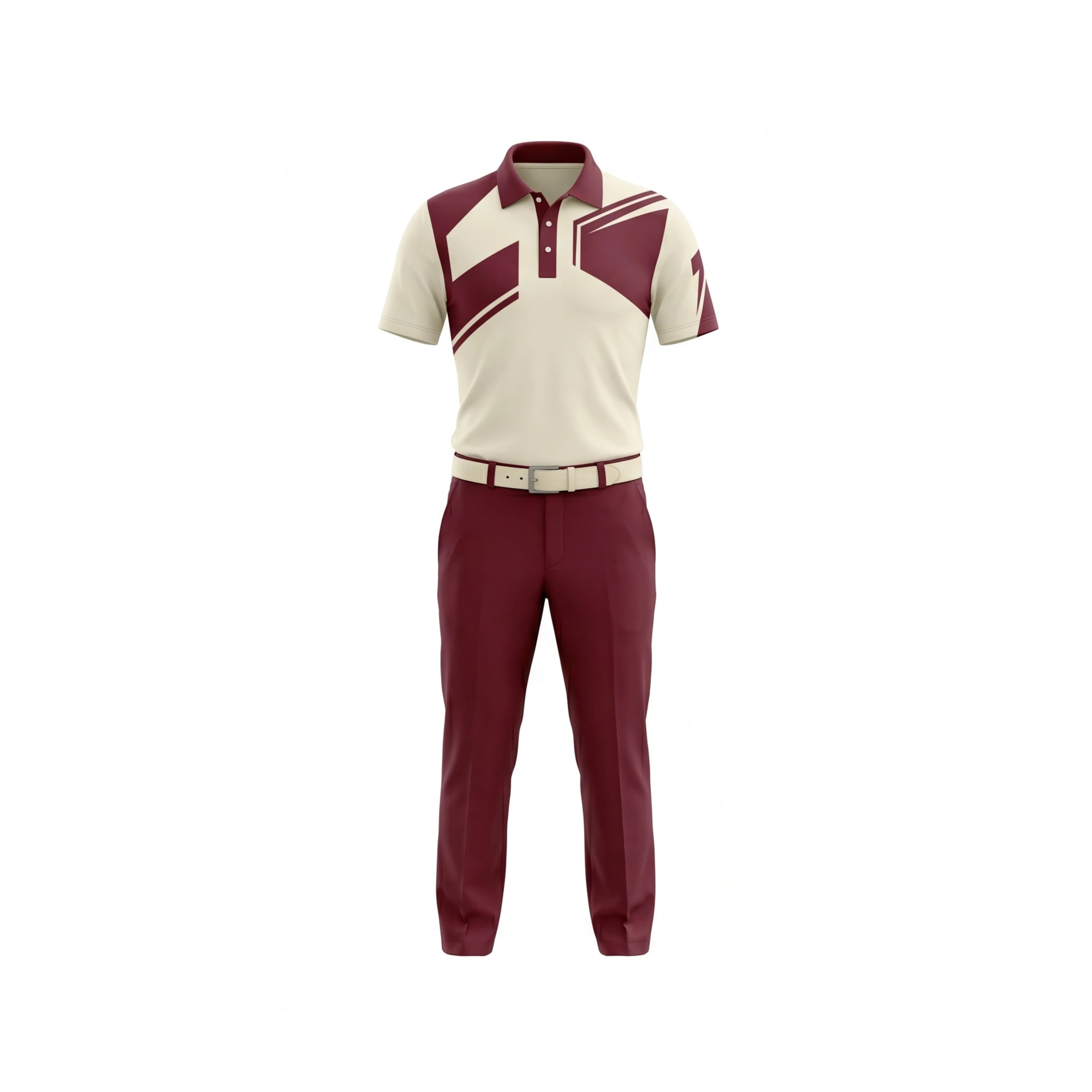 Cream & Maroon Geometric Pattern Golf Polo & Pants Set