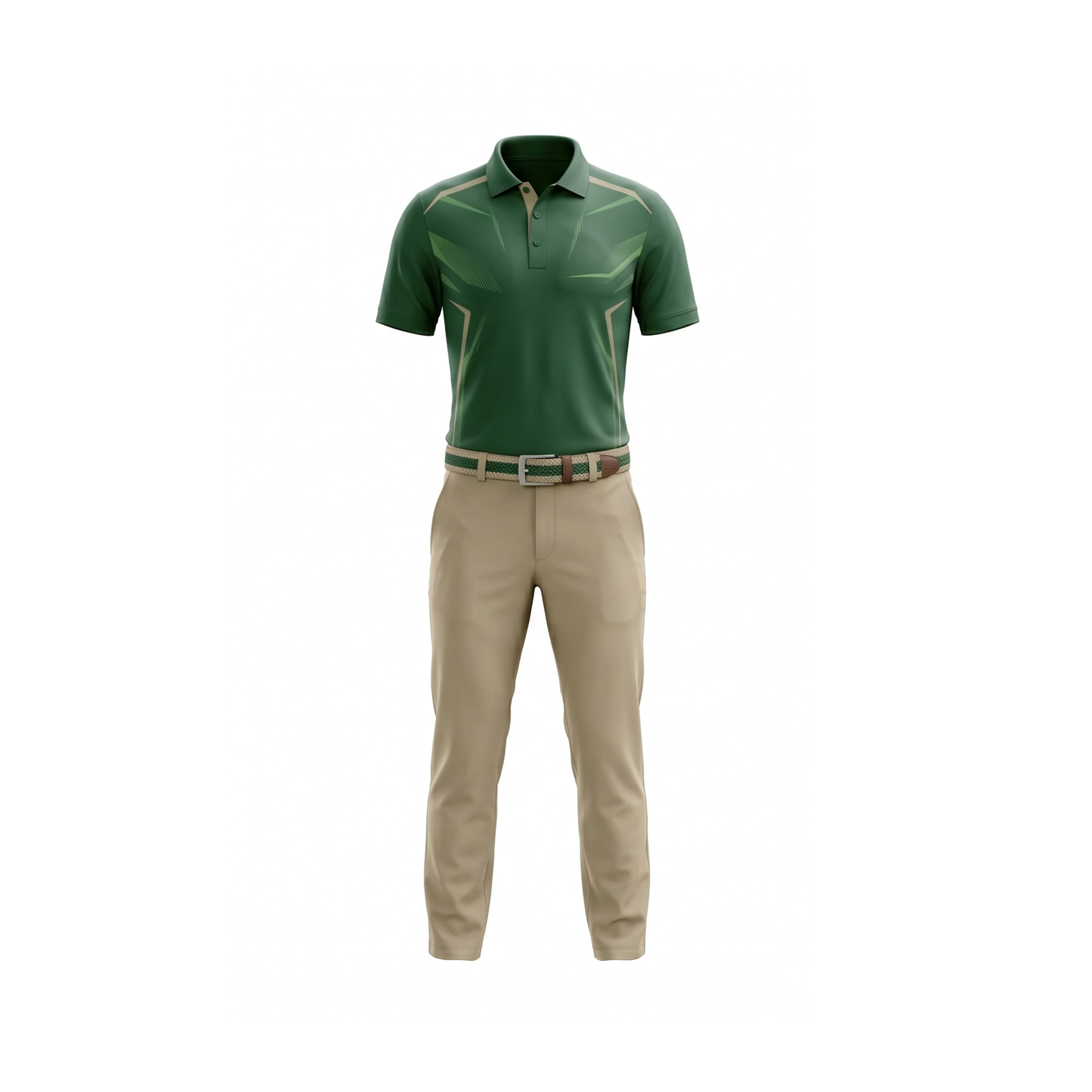 Dark Green Patterned Golf Polo & Khaki Trousers Set