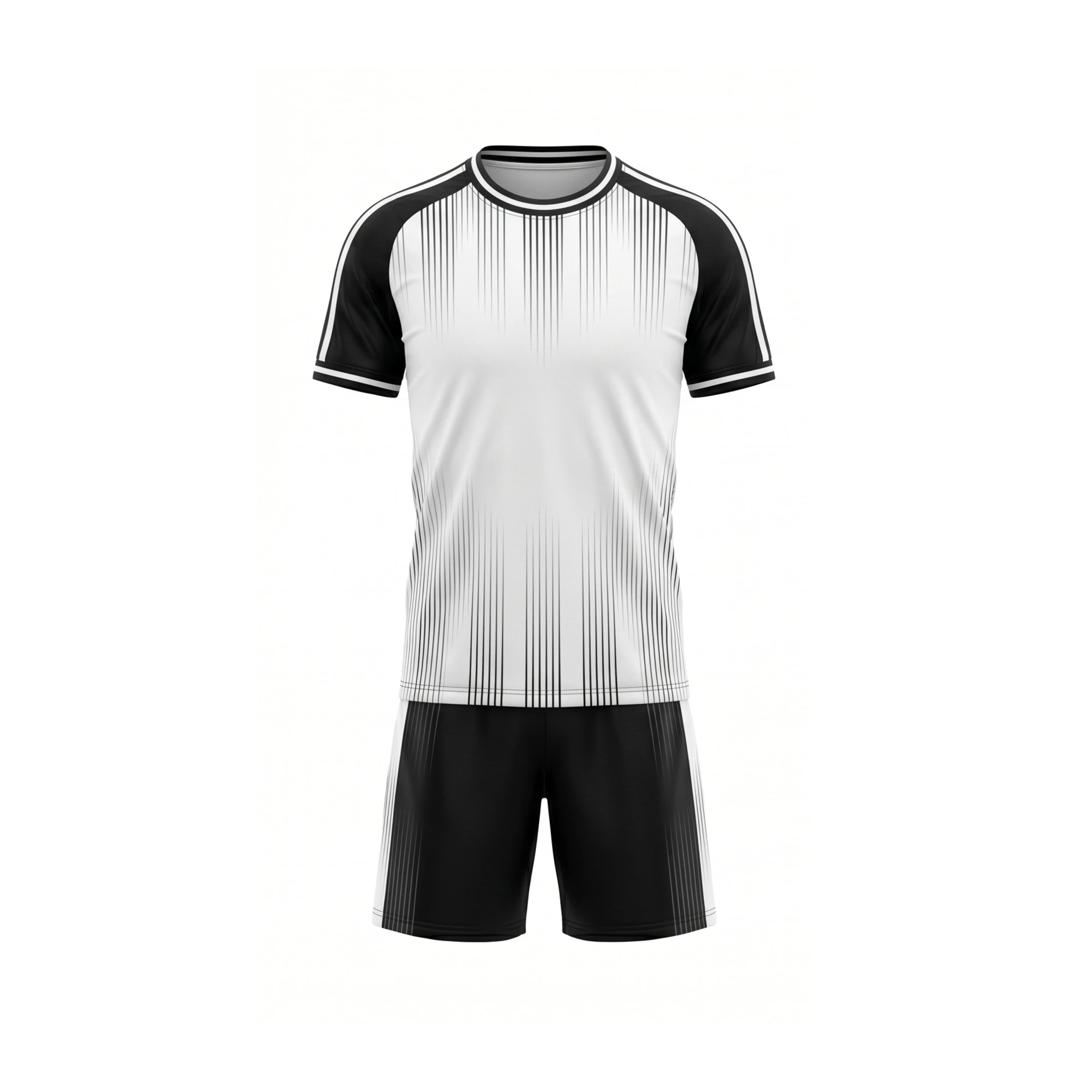 Black & White Striped Soccer Jersey Kit with Black Shorts