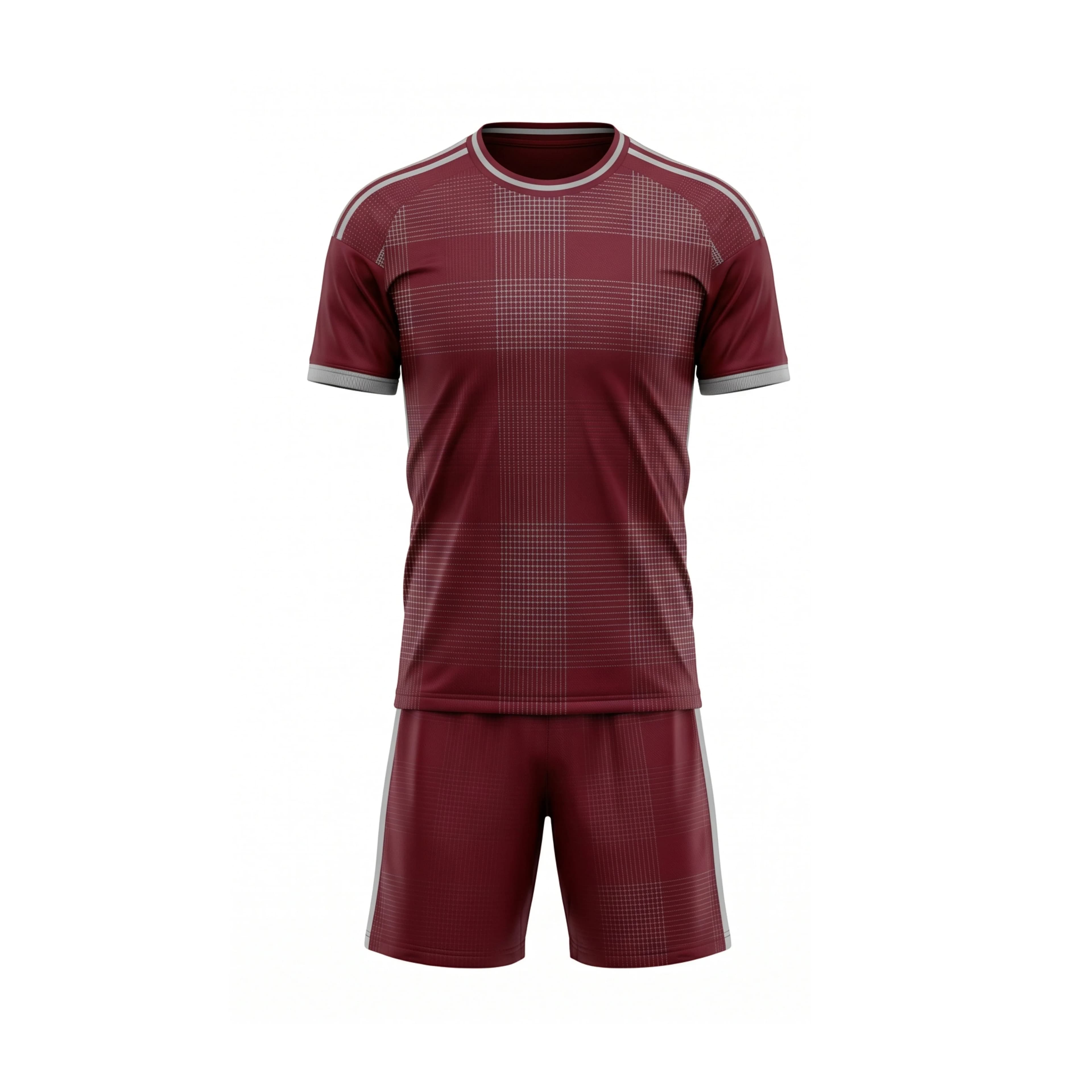 Maroon Plaid Pattern Soccer Jersey & Shorts Set with Grey Trim