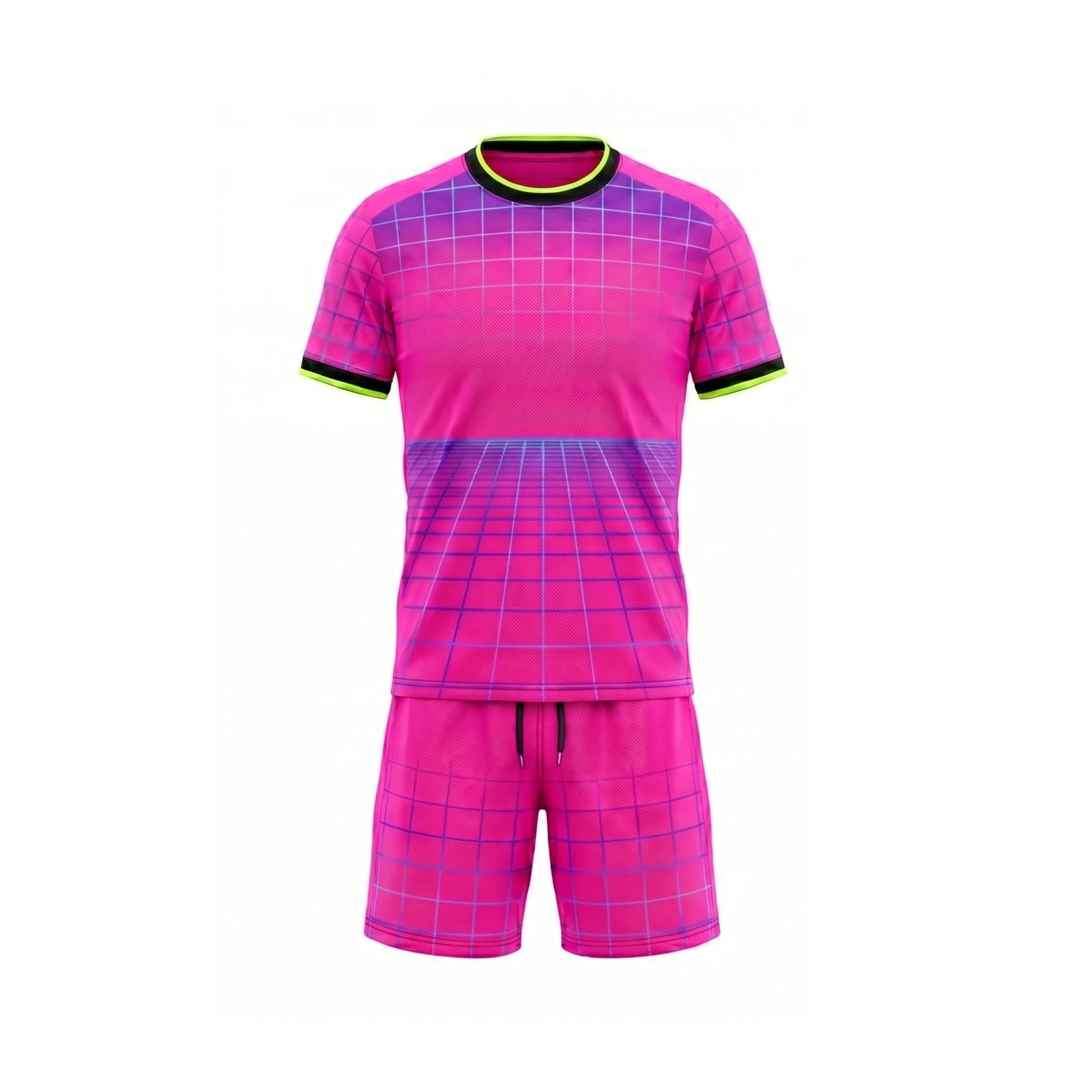 Hot Pink & Purple Grid Pattern Soccer Jersey & Shorts Kit with Black-Lime Trim