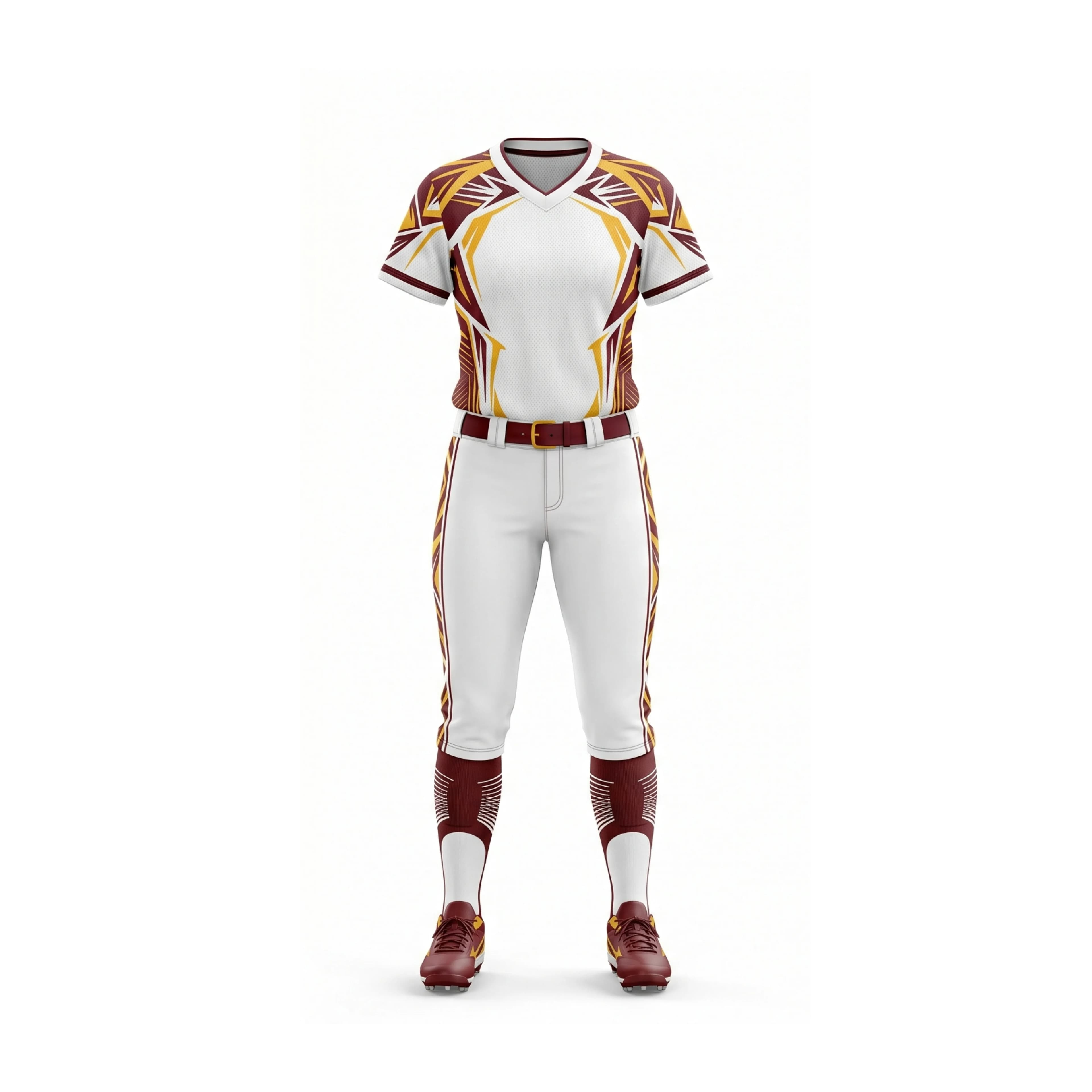 Maroon, Yellow, and White Softball Uniform with Unique Pattern