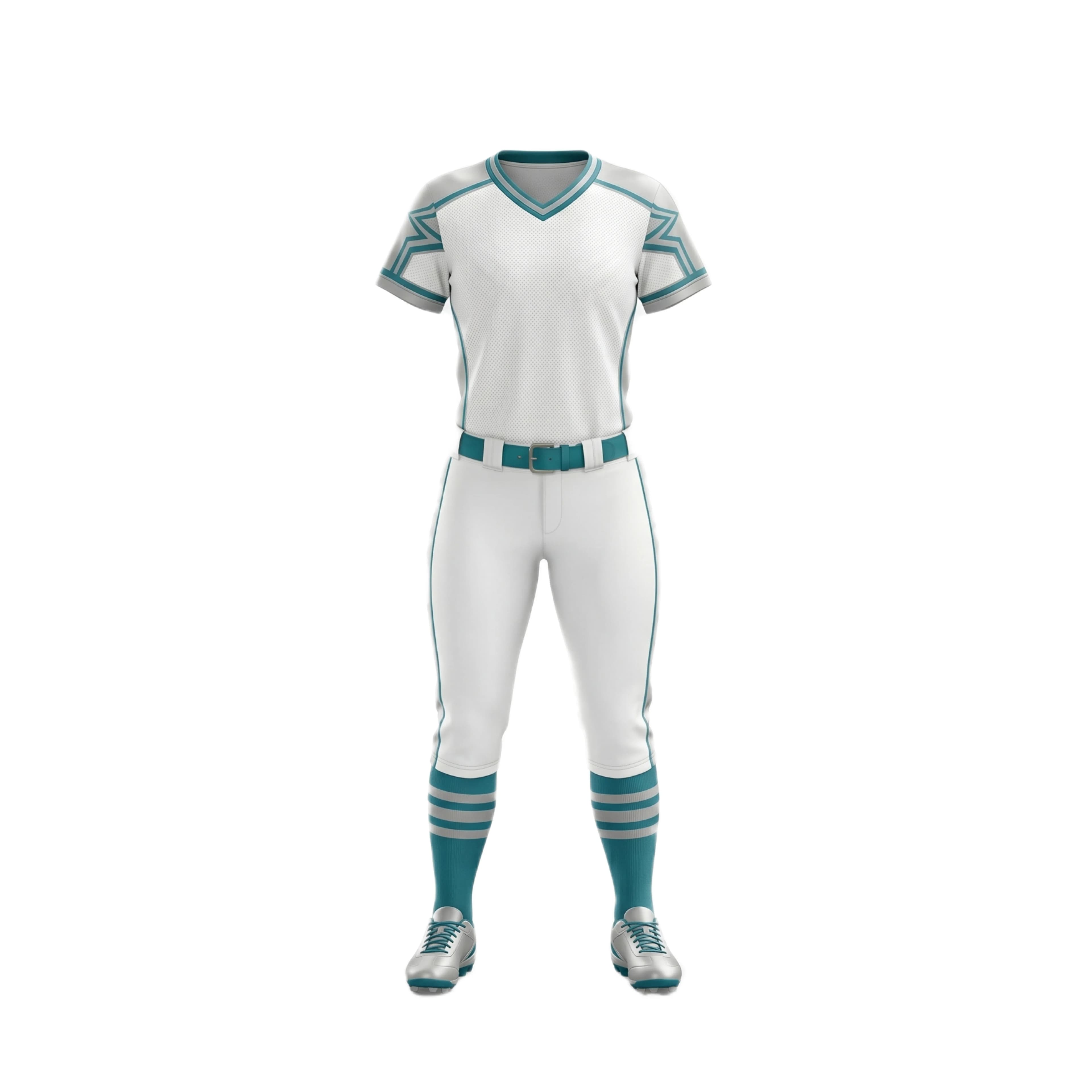 White & Teal Softball Uniform with Unique Sleeve Design