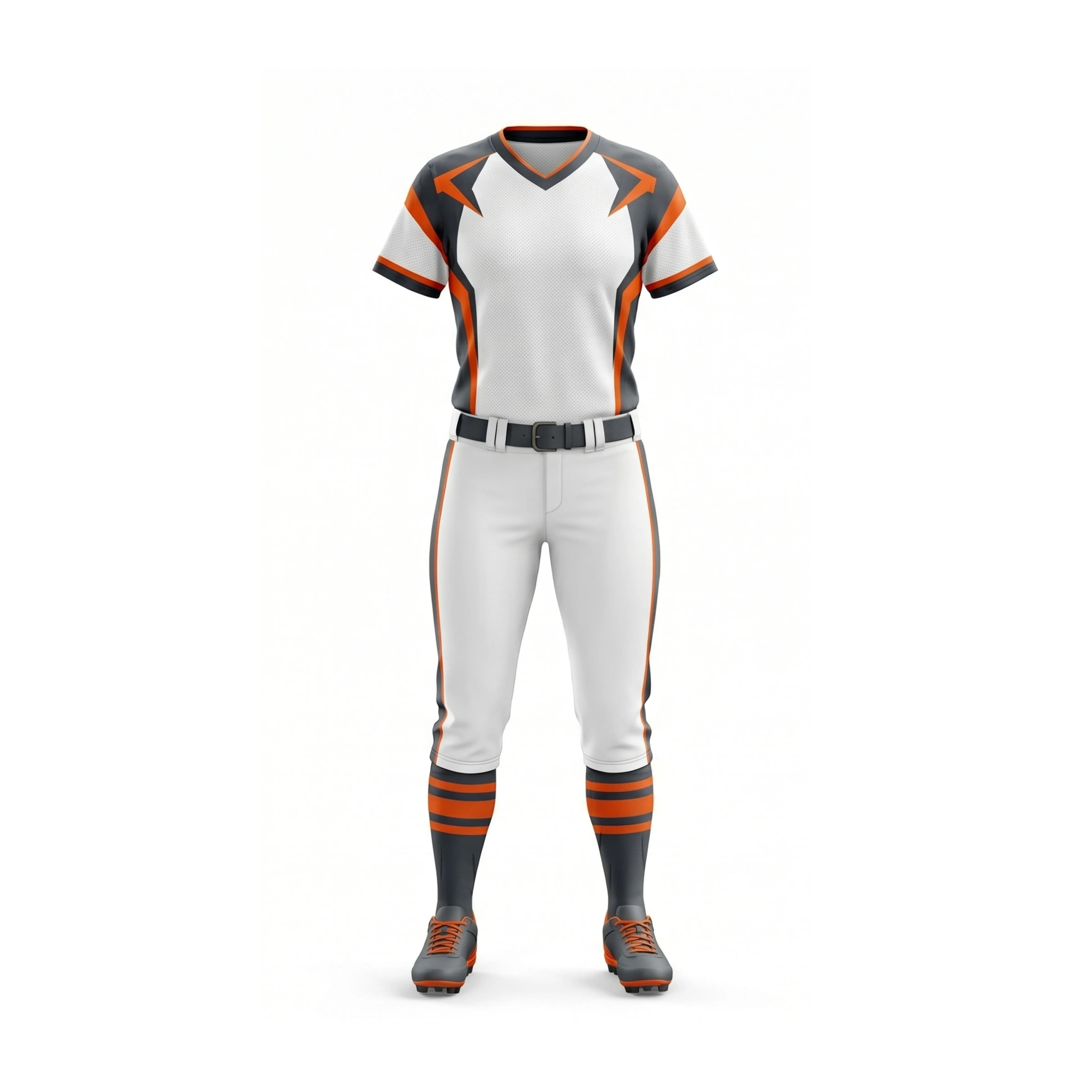 White Softball Uniform with Orange and Grey Stripes