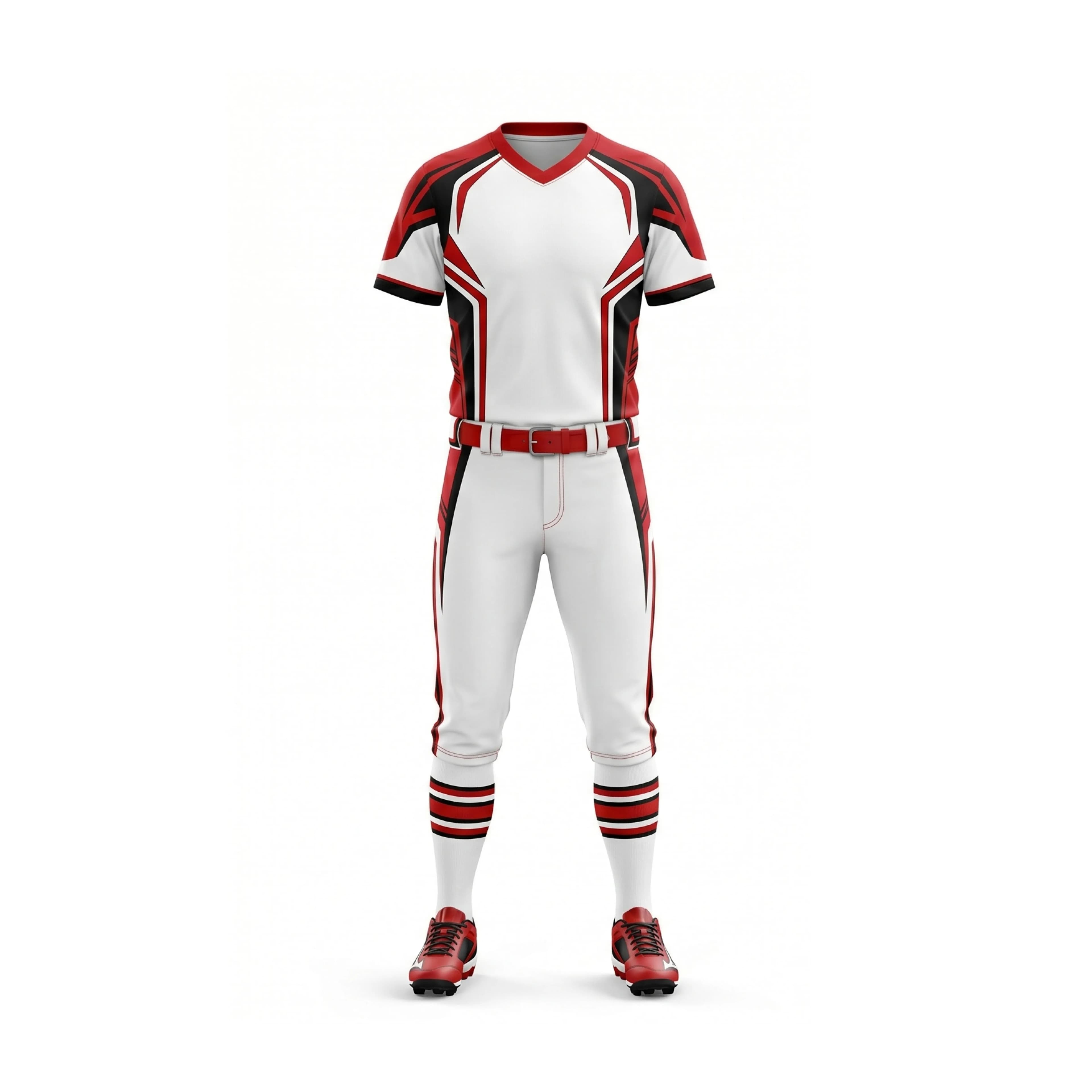 Red Black White Softball Uniform with Striped Accents