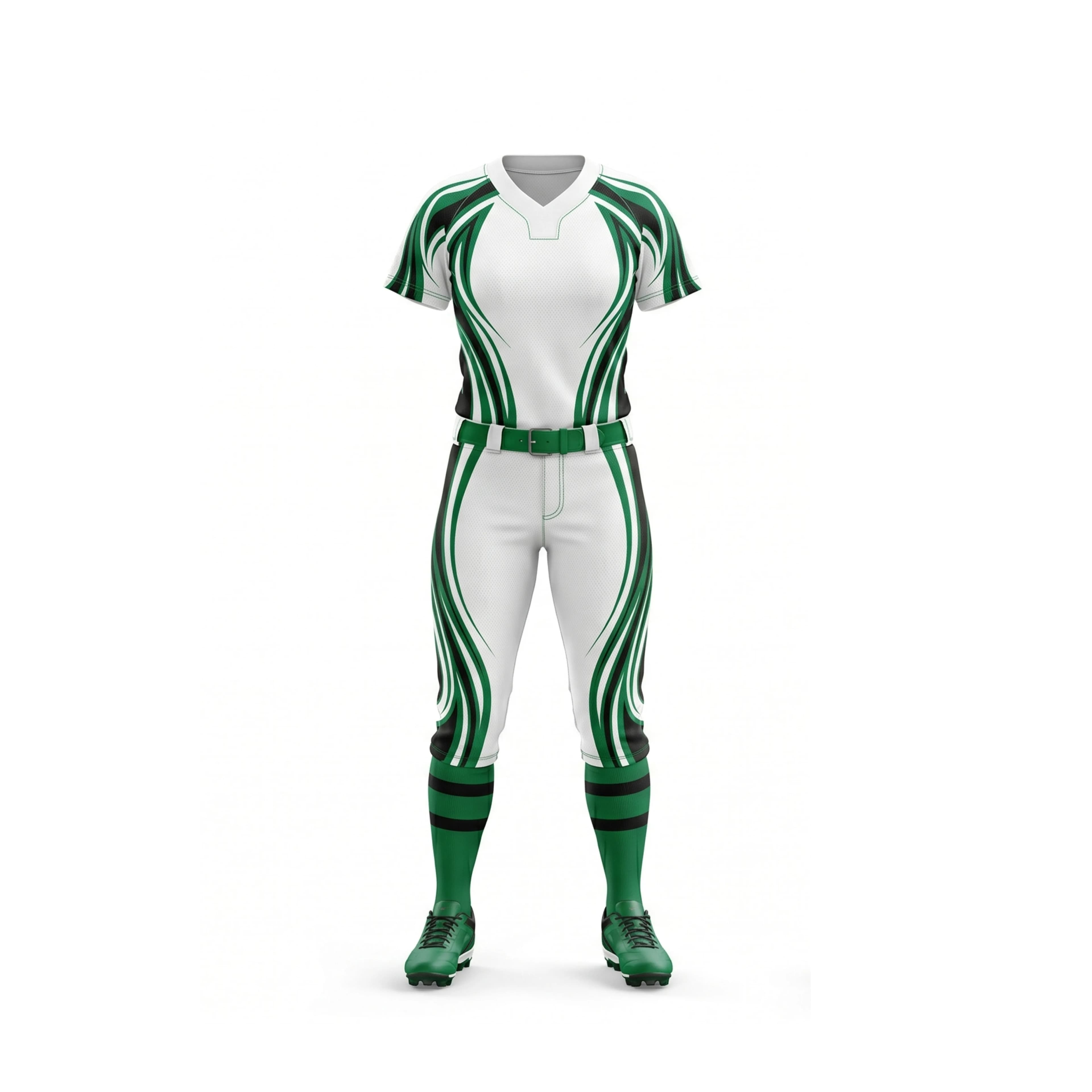 White and Green Stripe Softball Uniform with Belt