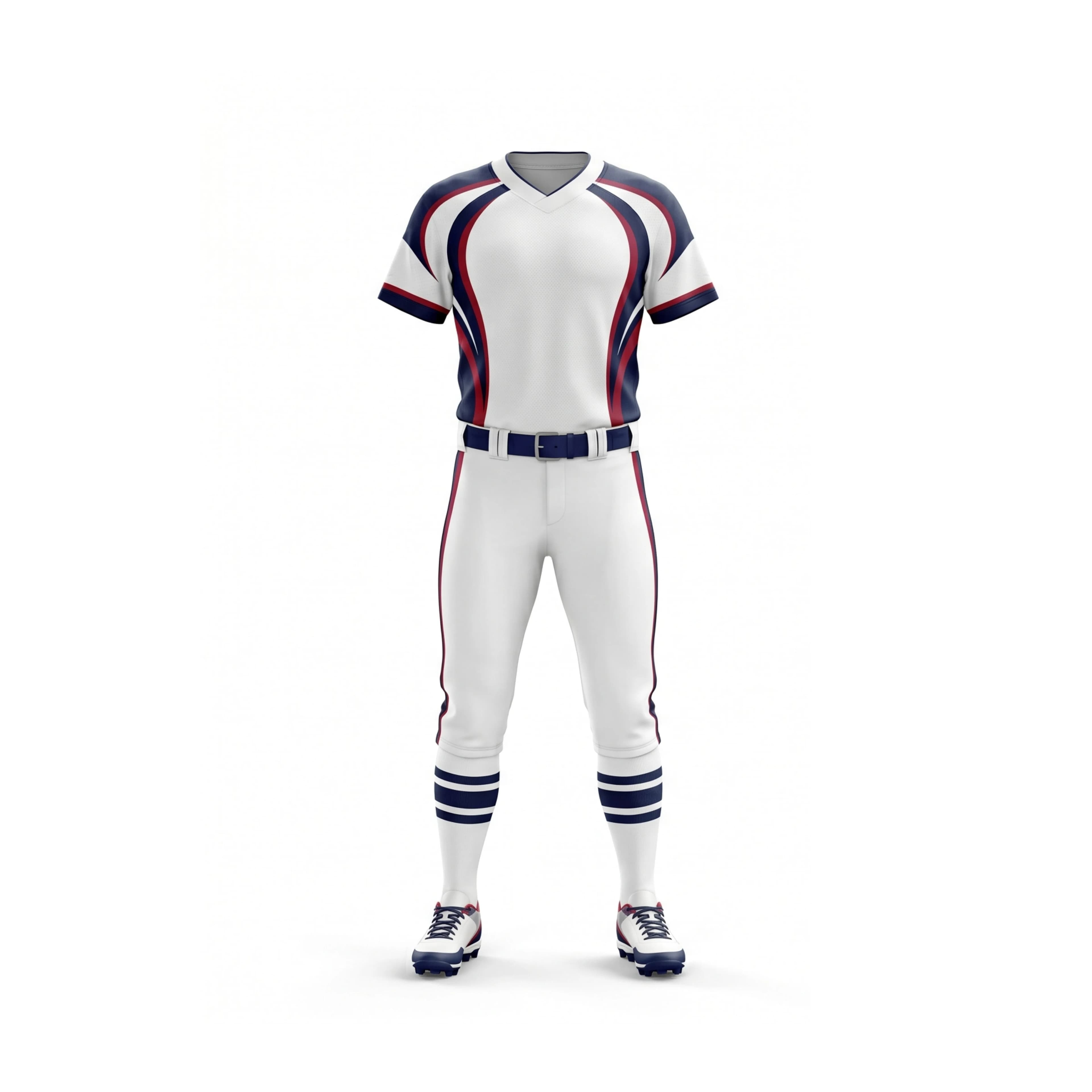 White Softball Uniform with Navy and Red Stripes
