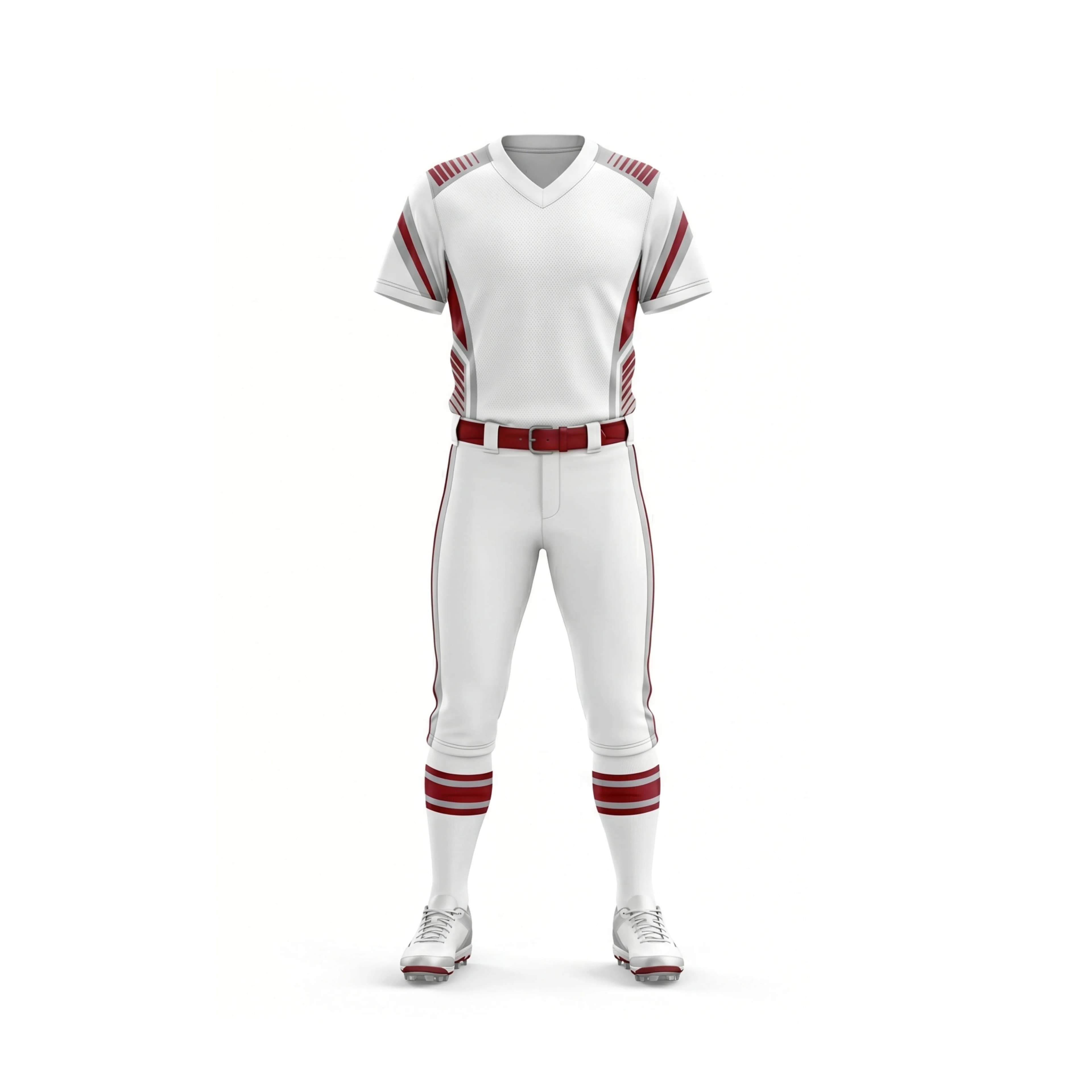 White Softball Uniform with Red Accents and Striped Sleeves
