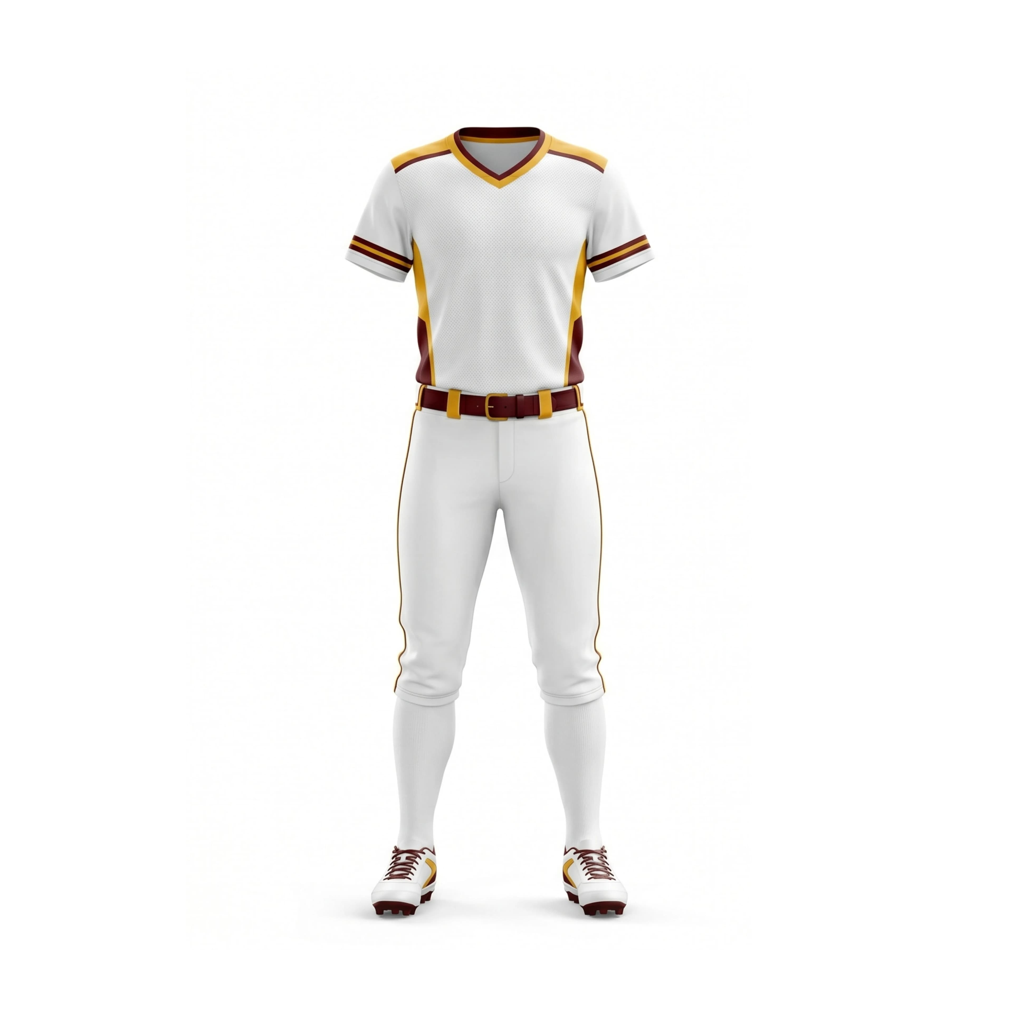 White Softball Uniform with Maroon and Gold Accents