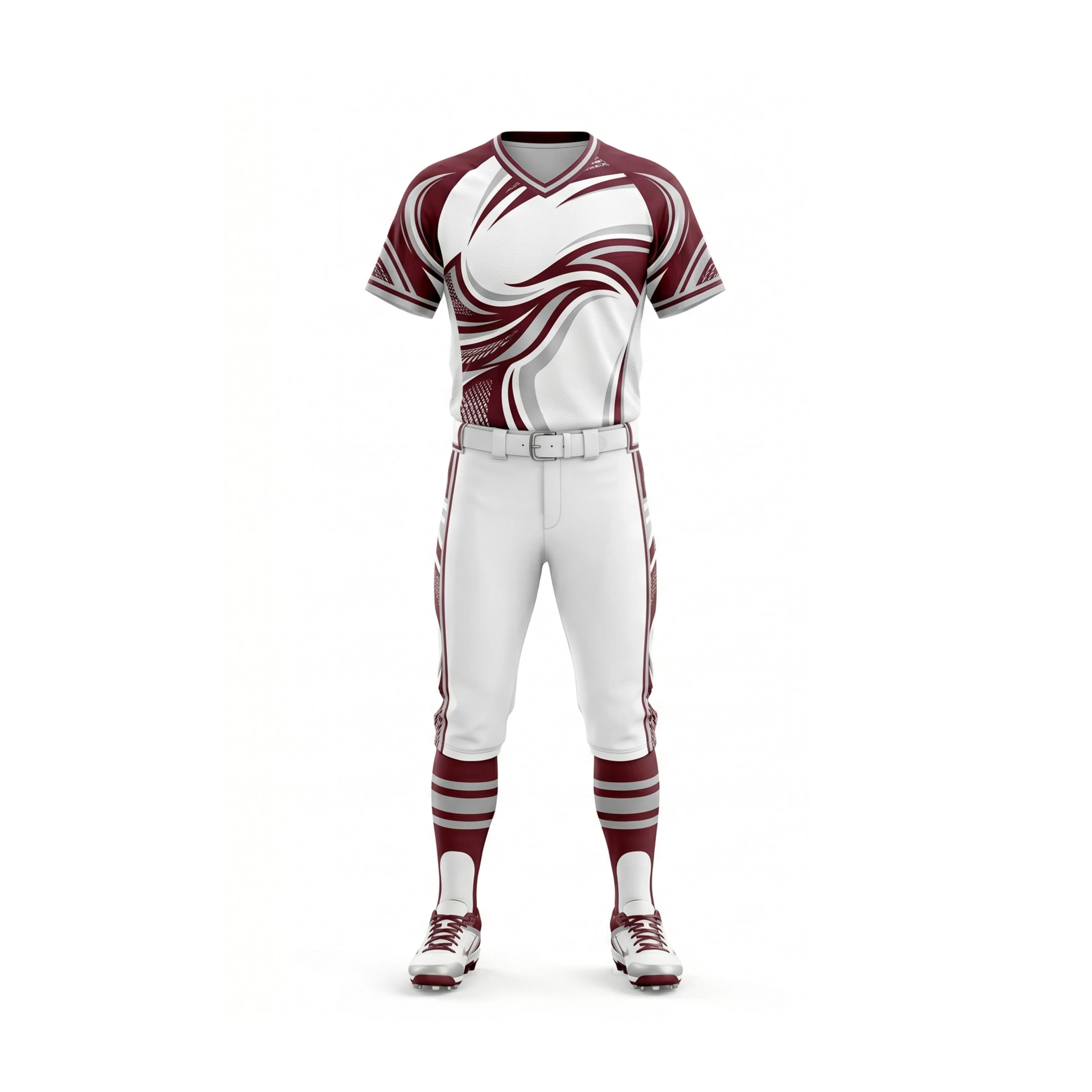 Maroon and White Swirl Softball Uniform Set with Striped Socks