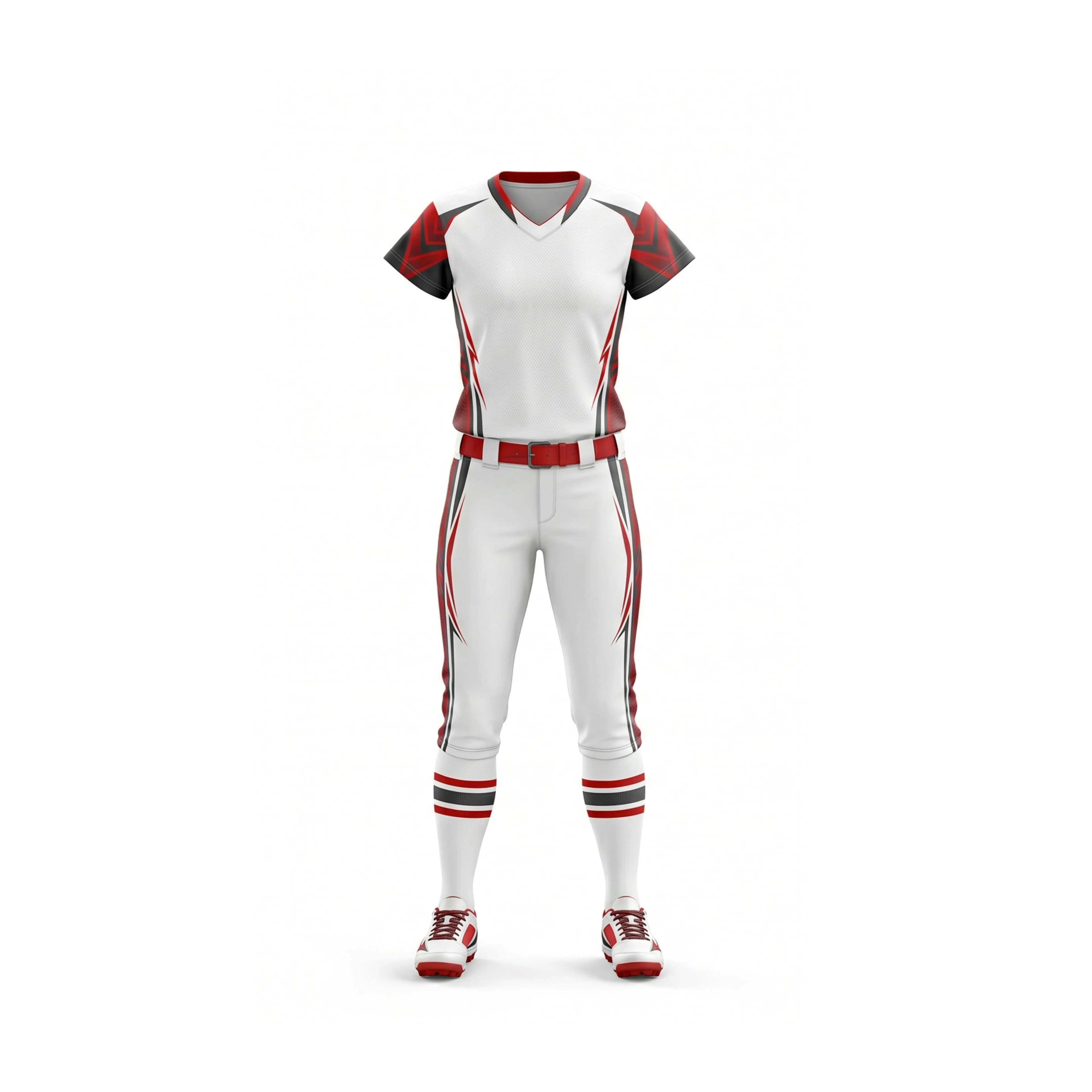 White Red Black Softball Uniform with Striped Accents