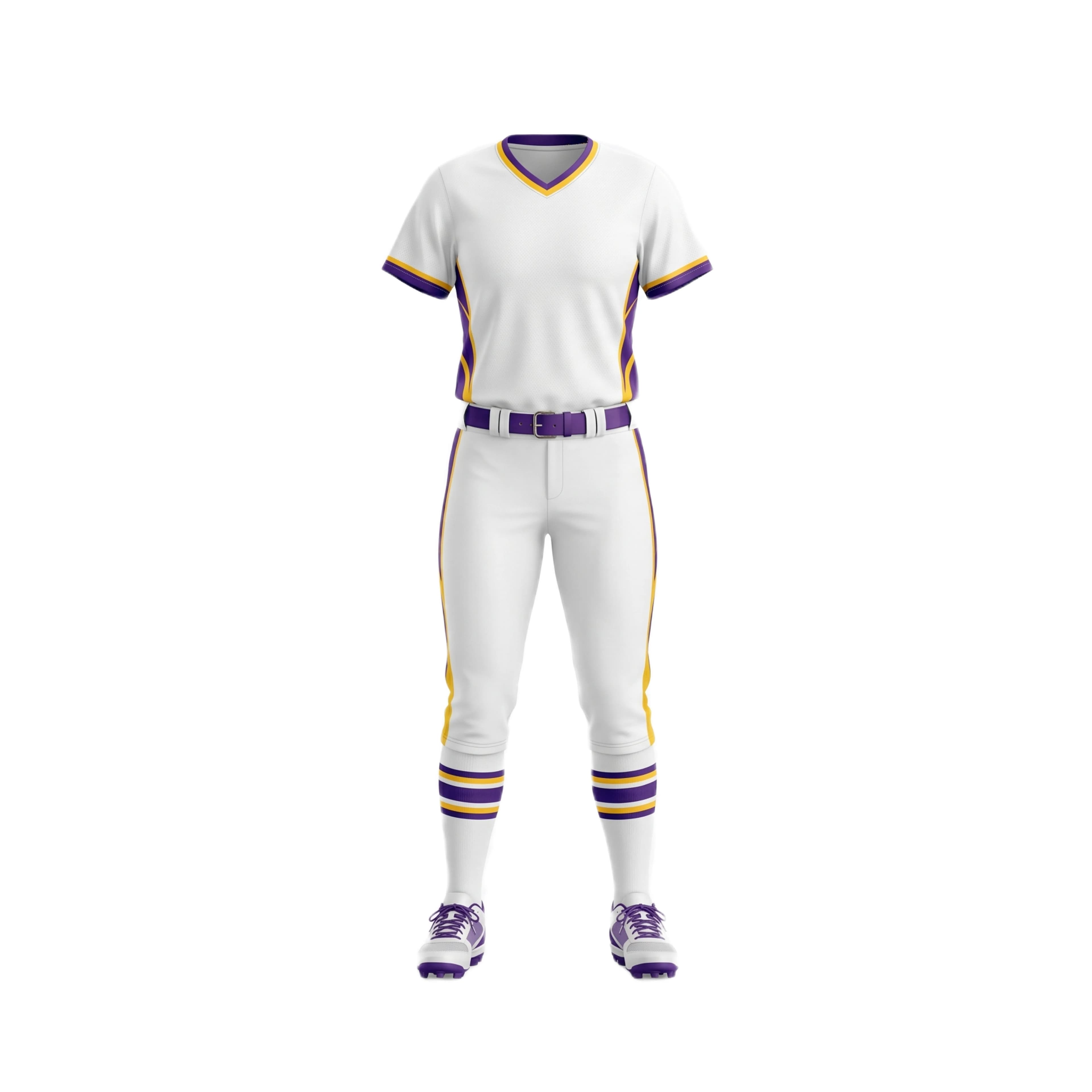 White Softball Uniform with Purple and Yellow Accents