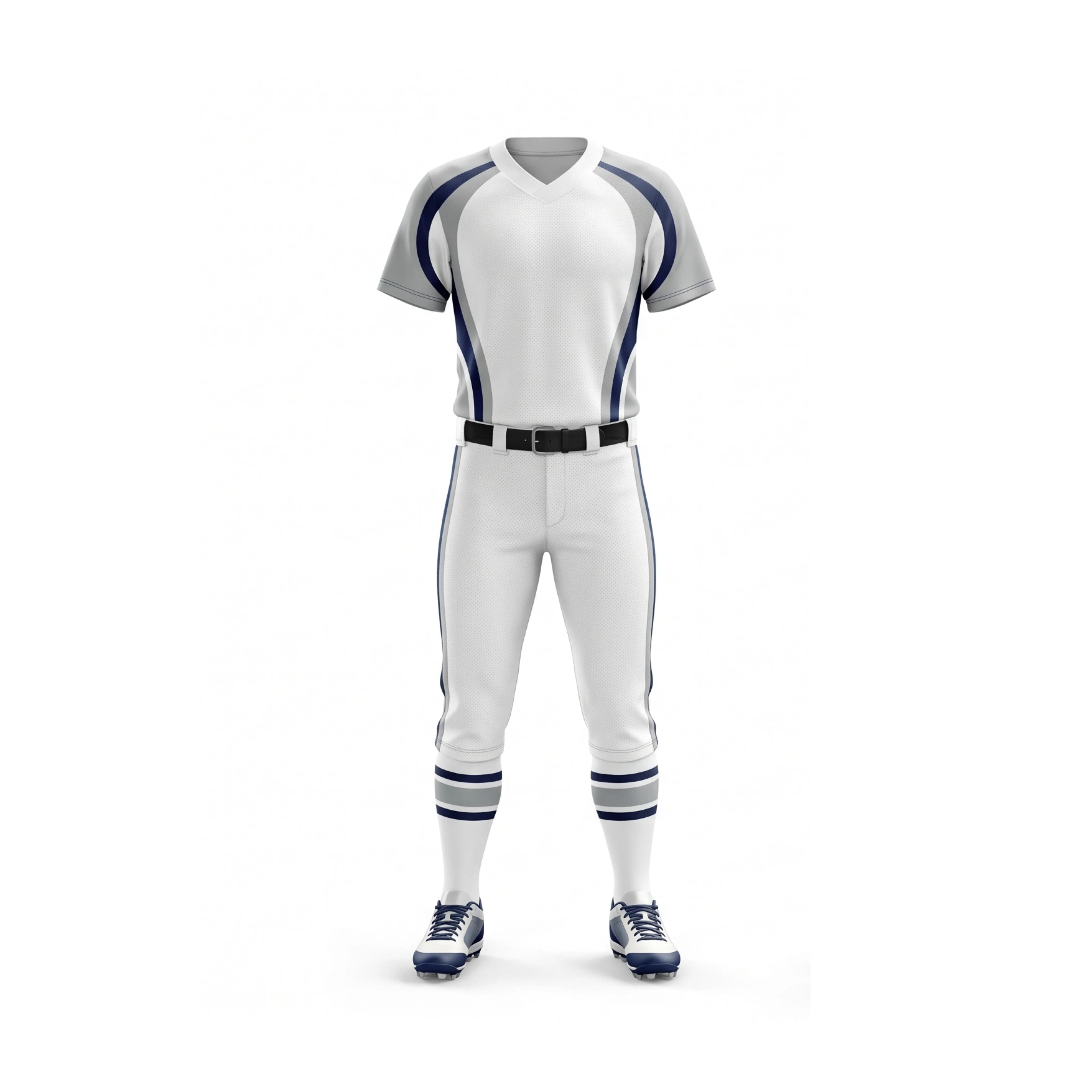 White & Grey Softball Jersey with Navy Accents & White Pants