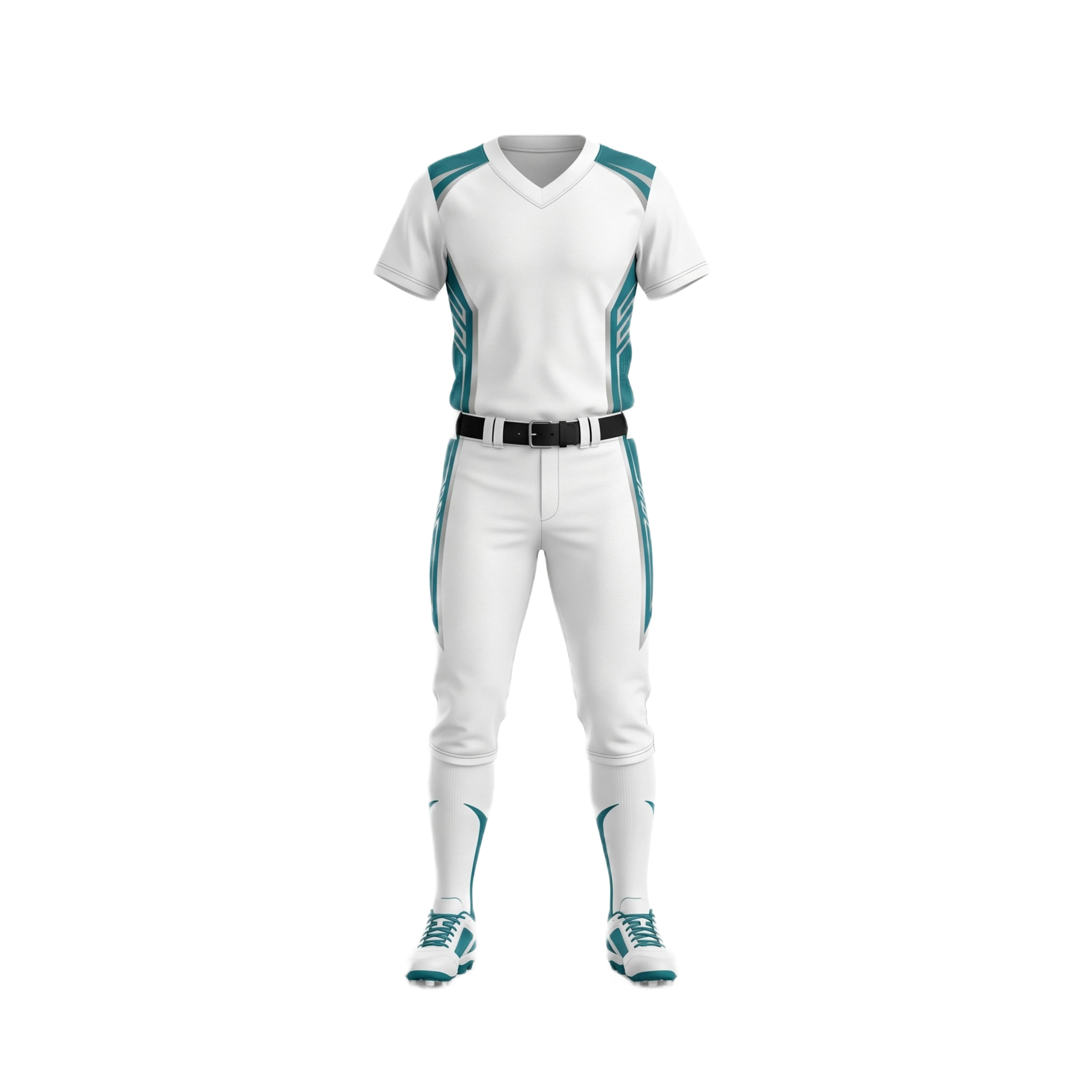 White & Teal V-Neck Softball Jersey with Matching Pants Uniform