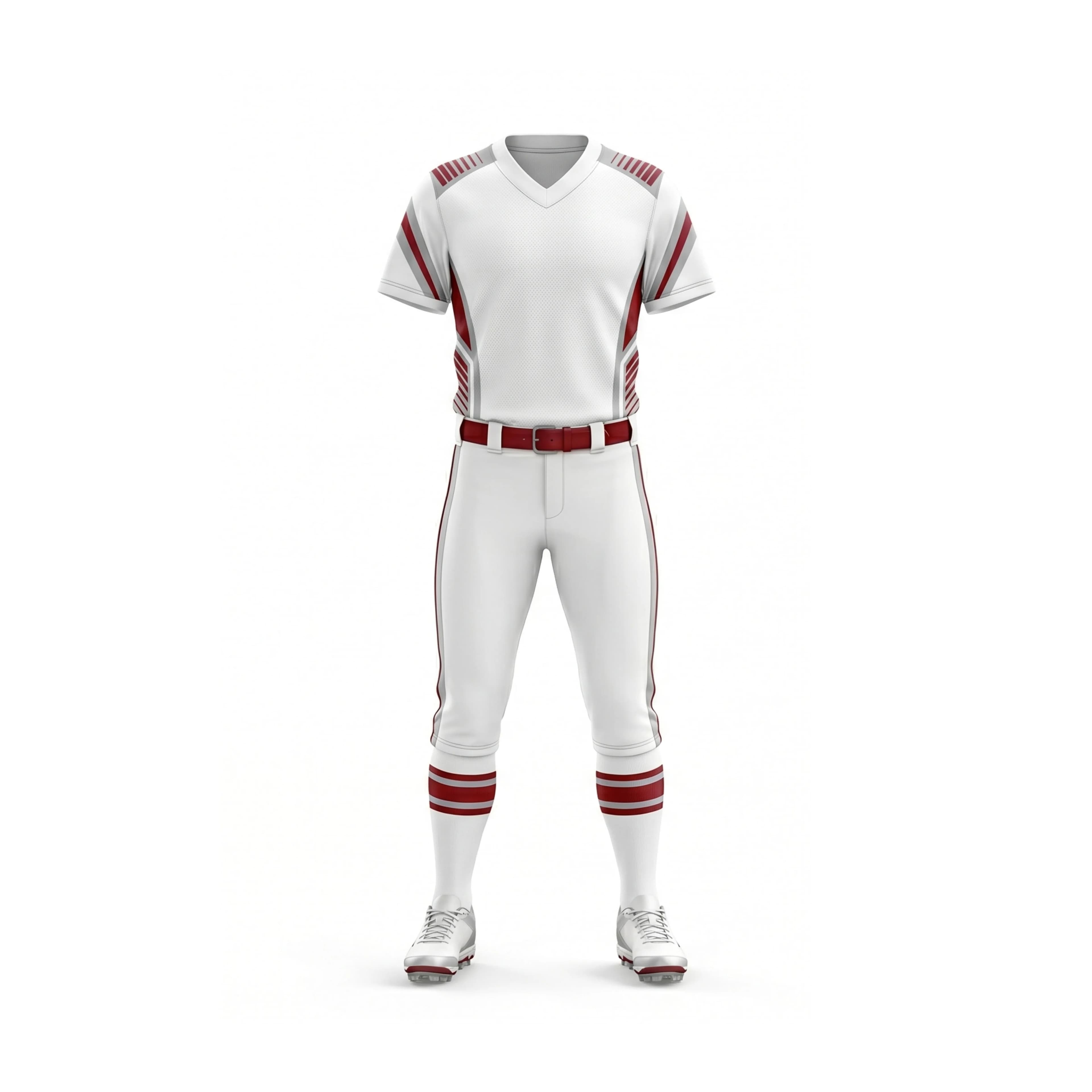 White Softball Uniform with Red Accents and Striped Sleeves
