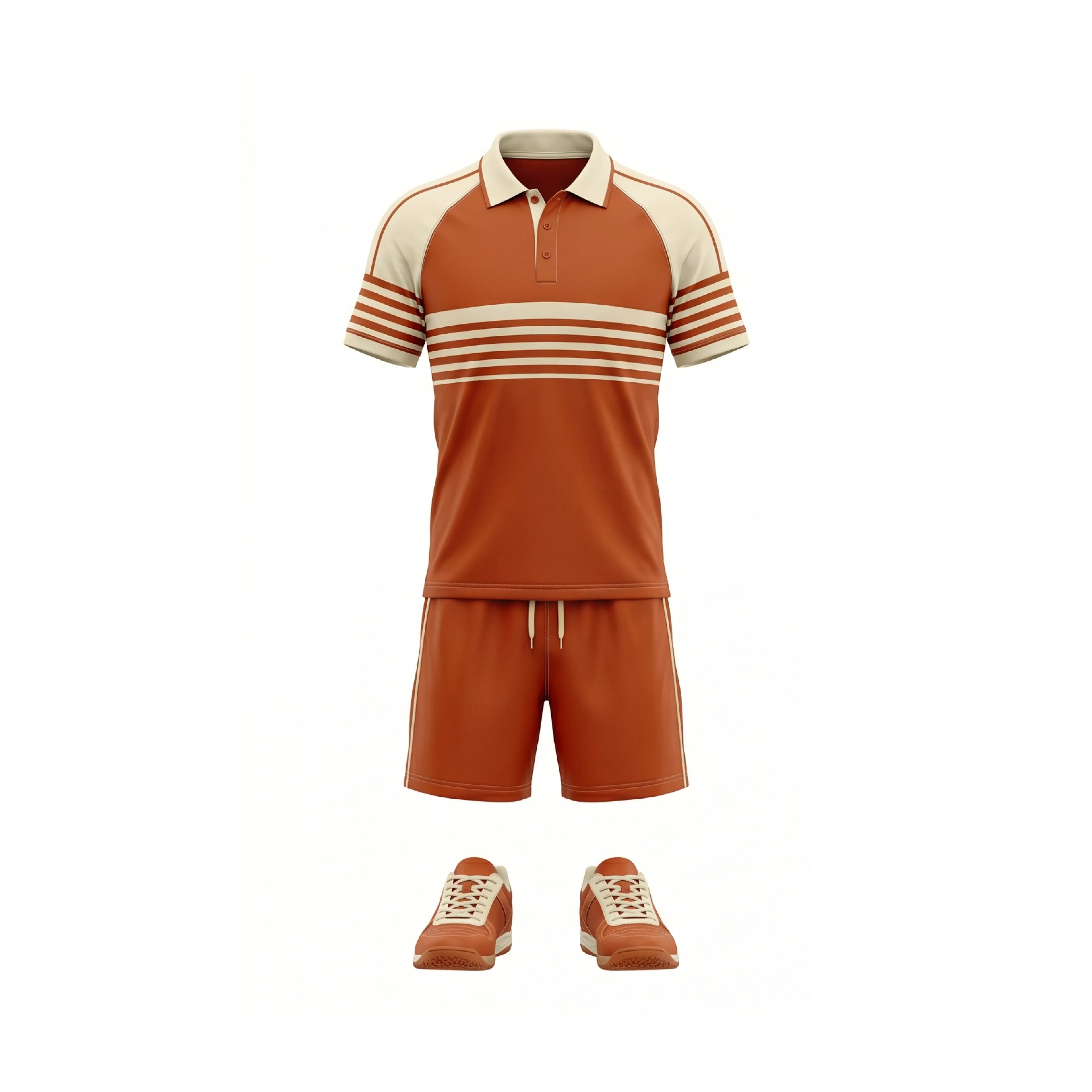 Terracotta & Cream Striped Retro Polo Shirt and Shorts Set