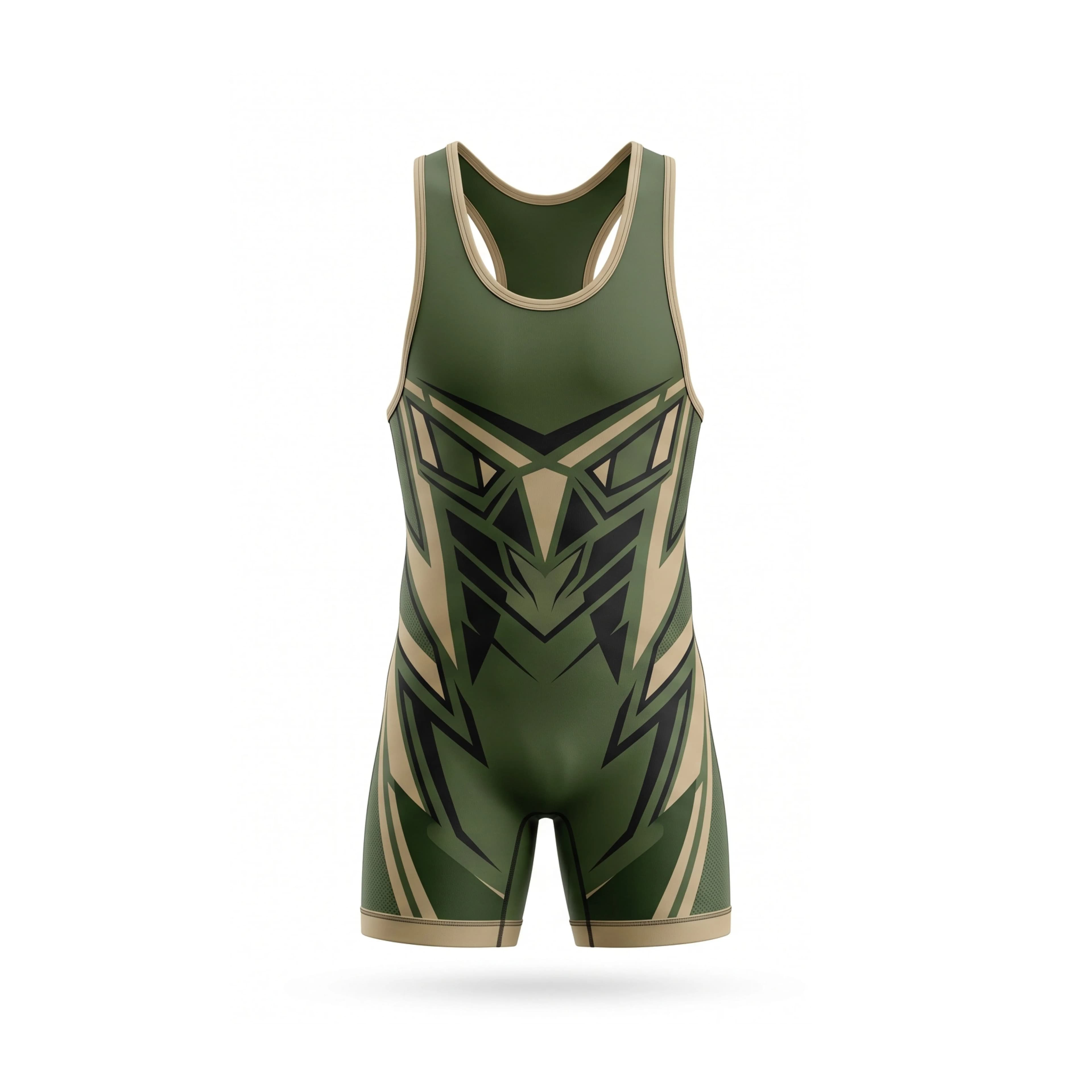 Olive Green and Beige Wrestling Singlet with Unique Geometric Pattern