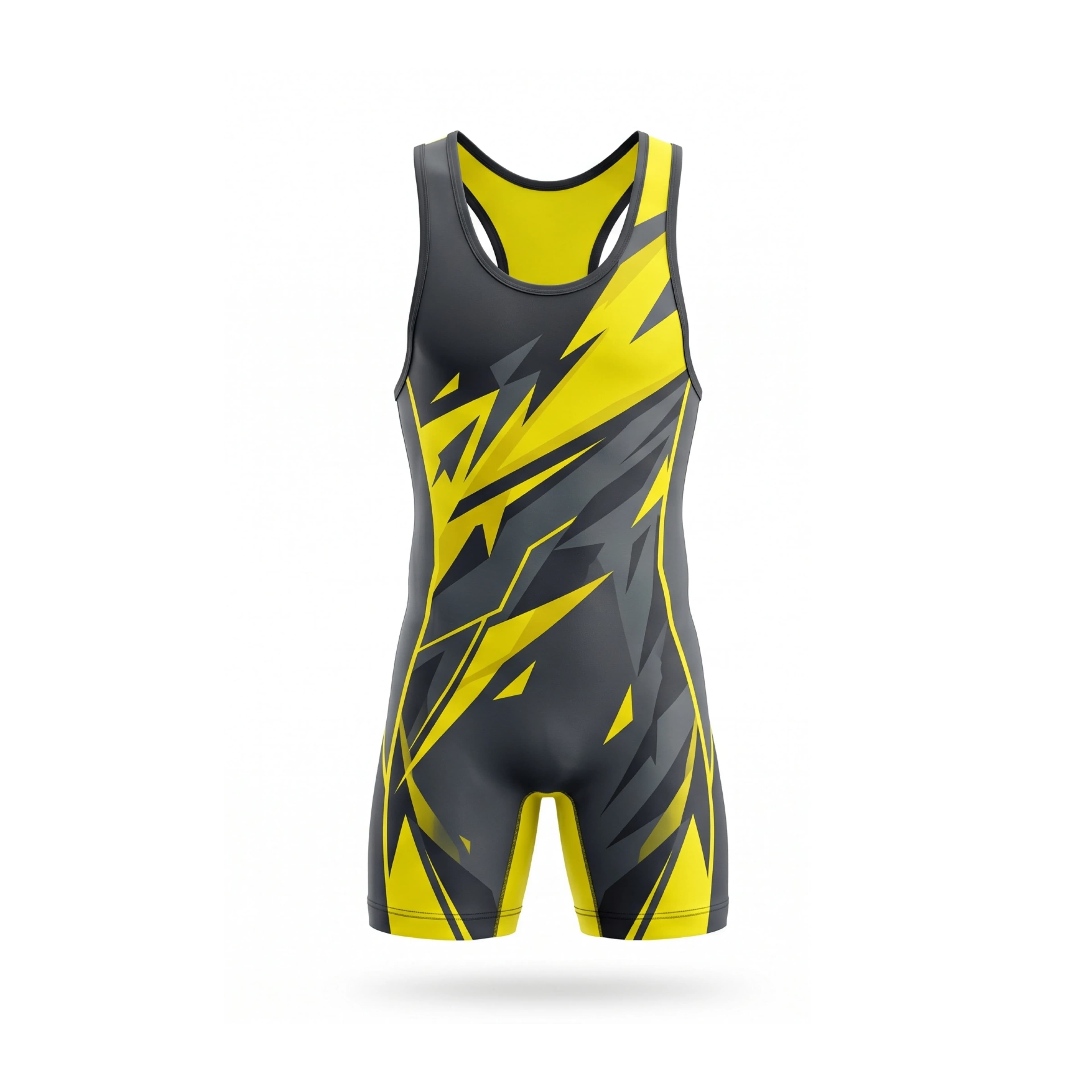 Dynamic Grey & Neon Yellow Shattered Geometric Wrestling Singlet