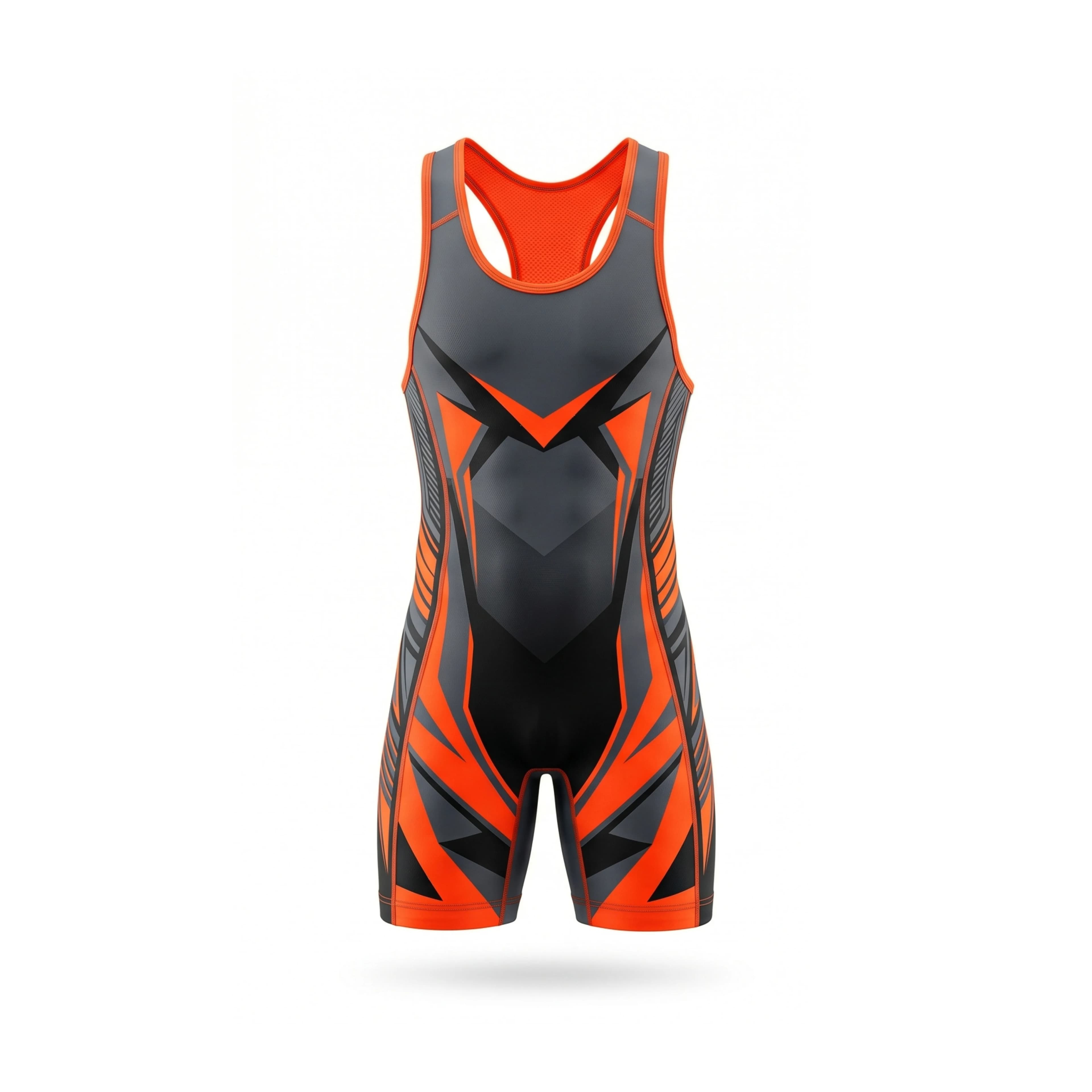 Black and Orange Graphic Wrestling Singlet with Unique Design