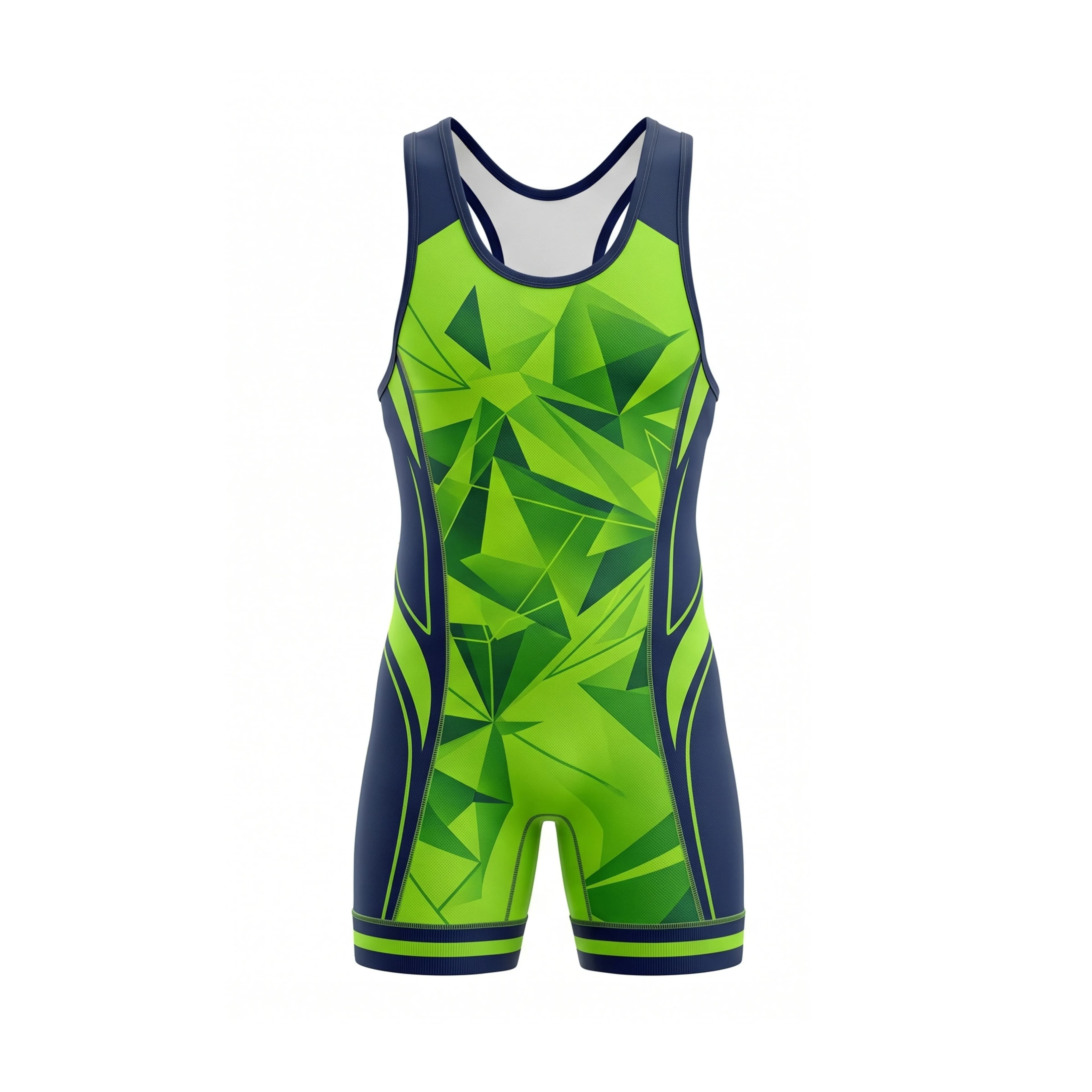 Lime Green Geometric Pattern Wrestling Singlet Navy Trim