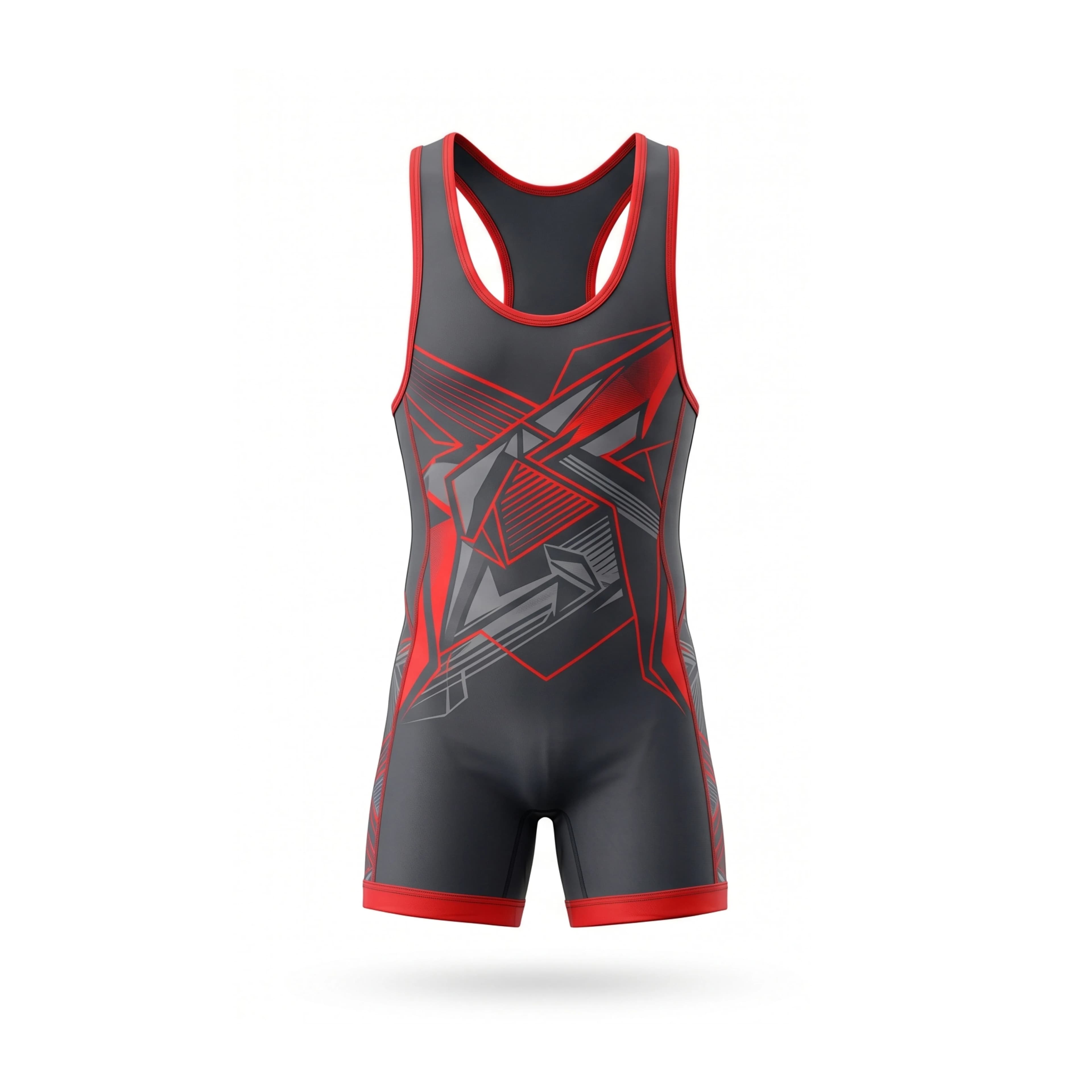 Dark Grey & Red Geometric Pattern Wrestling Singlet