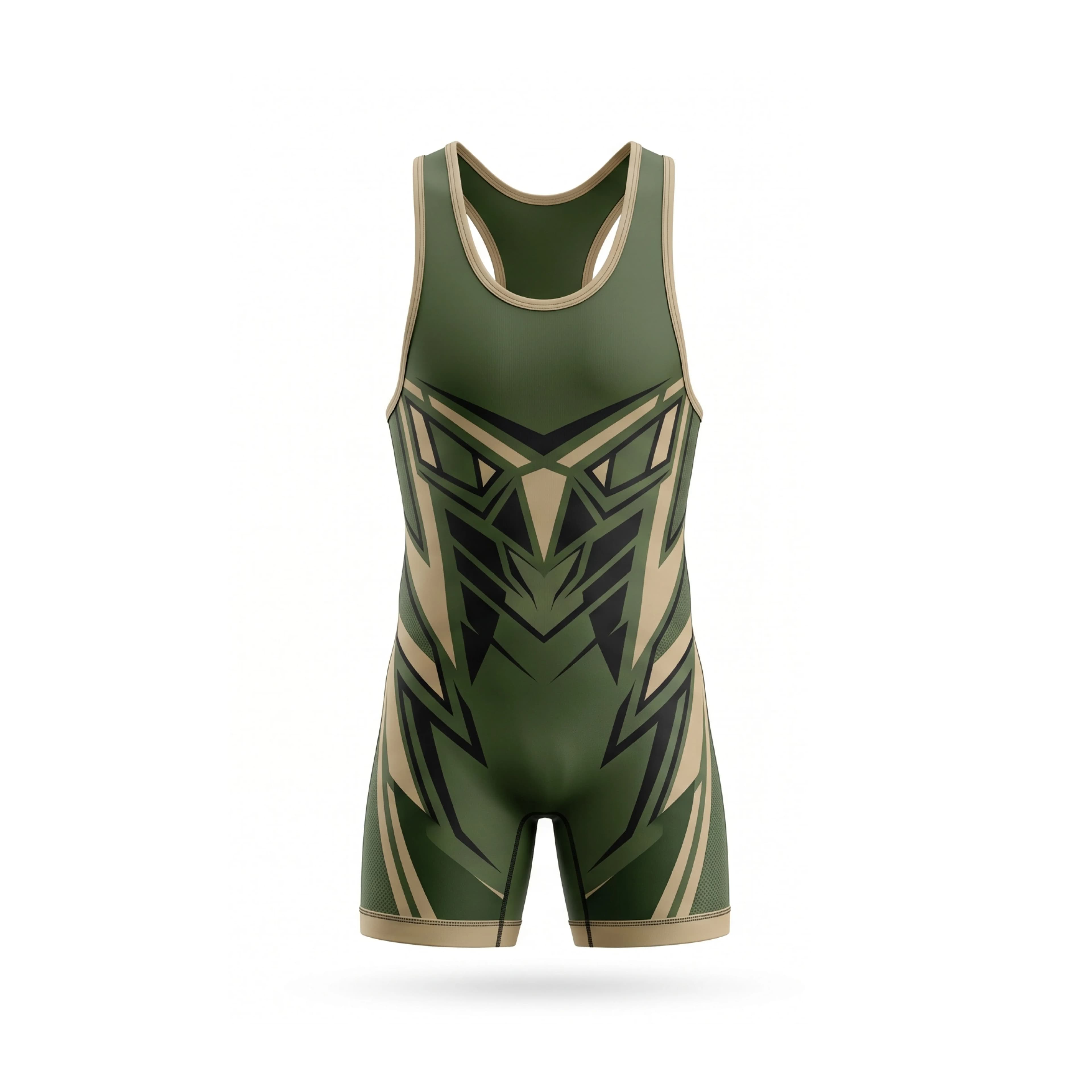 Olive Green & Tan Geometric Pattern Wrestling Singlet