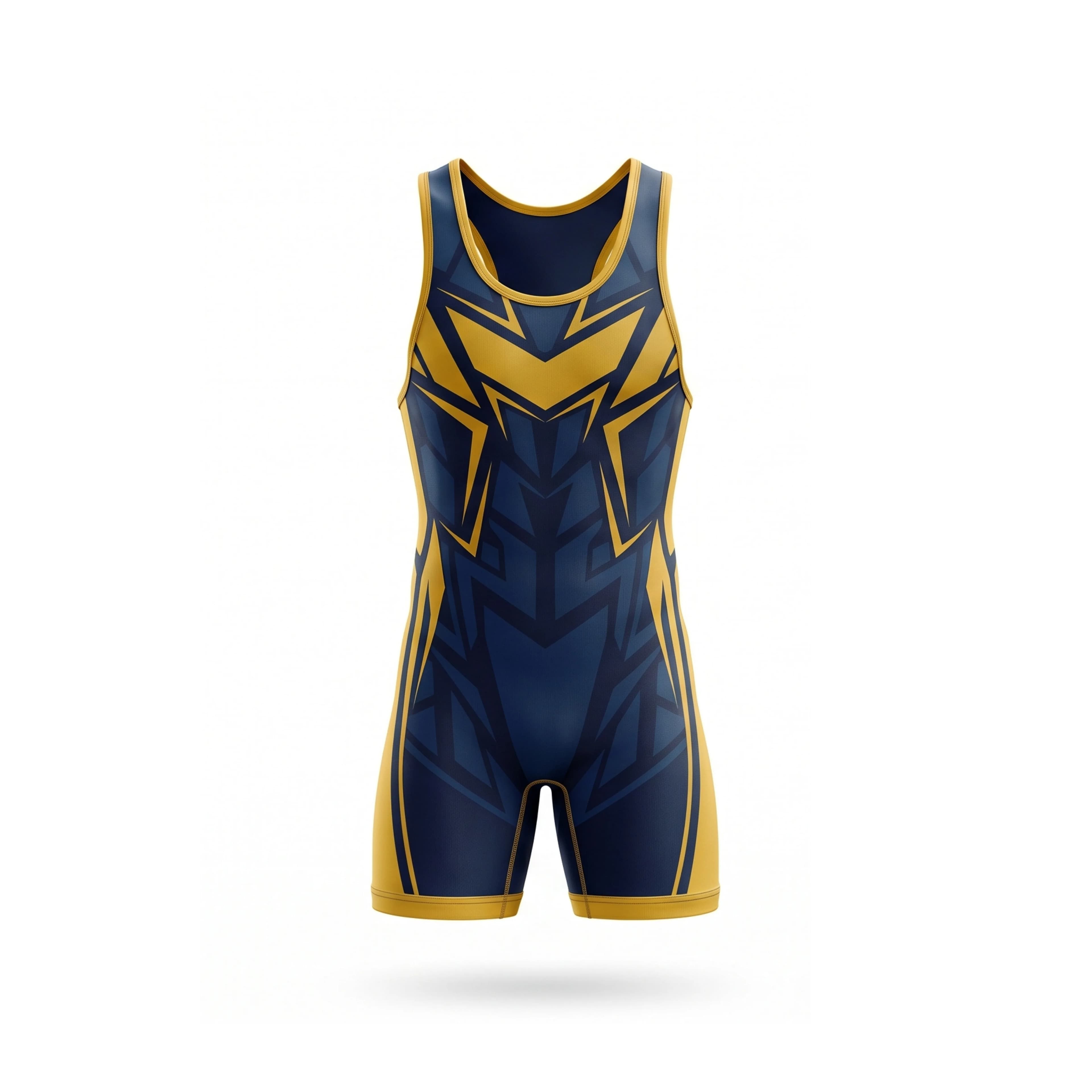 Dynamic Navy Gold Geometric Pattern Men's Wrestling Singlet