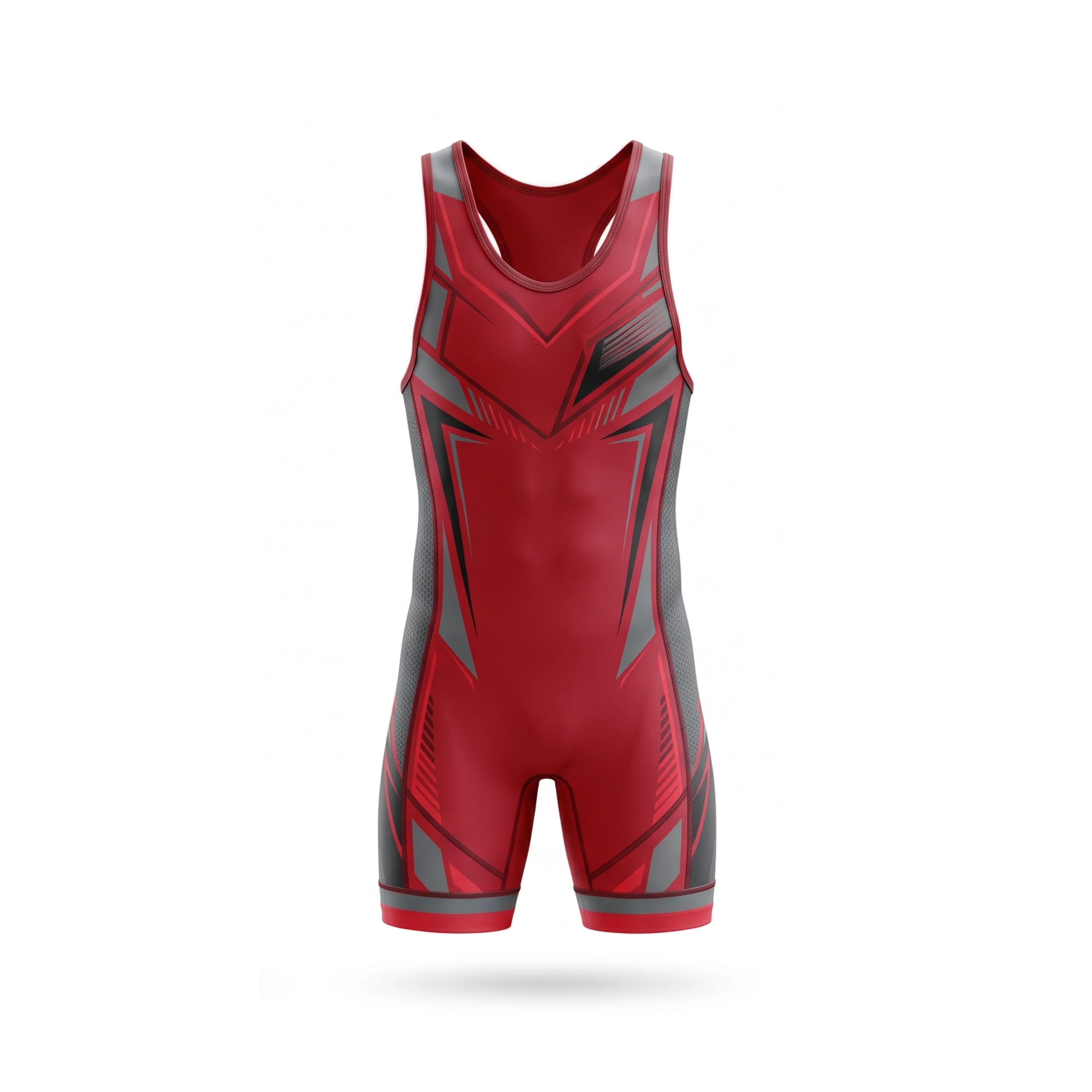 Red & Grey Angular Pattern Wrestling Singlet