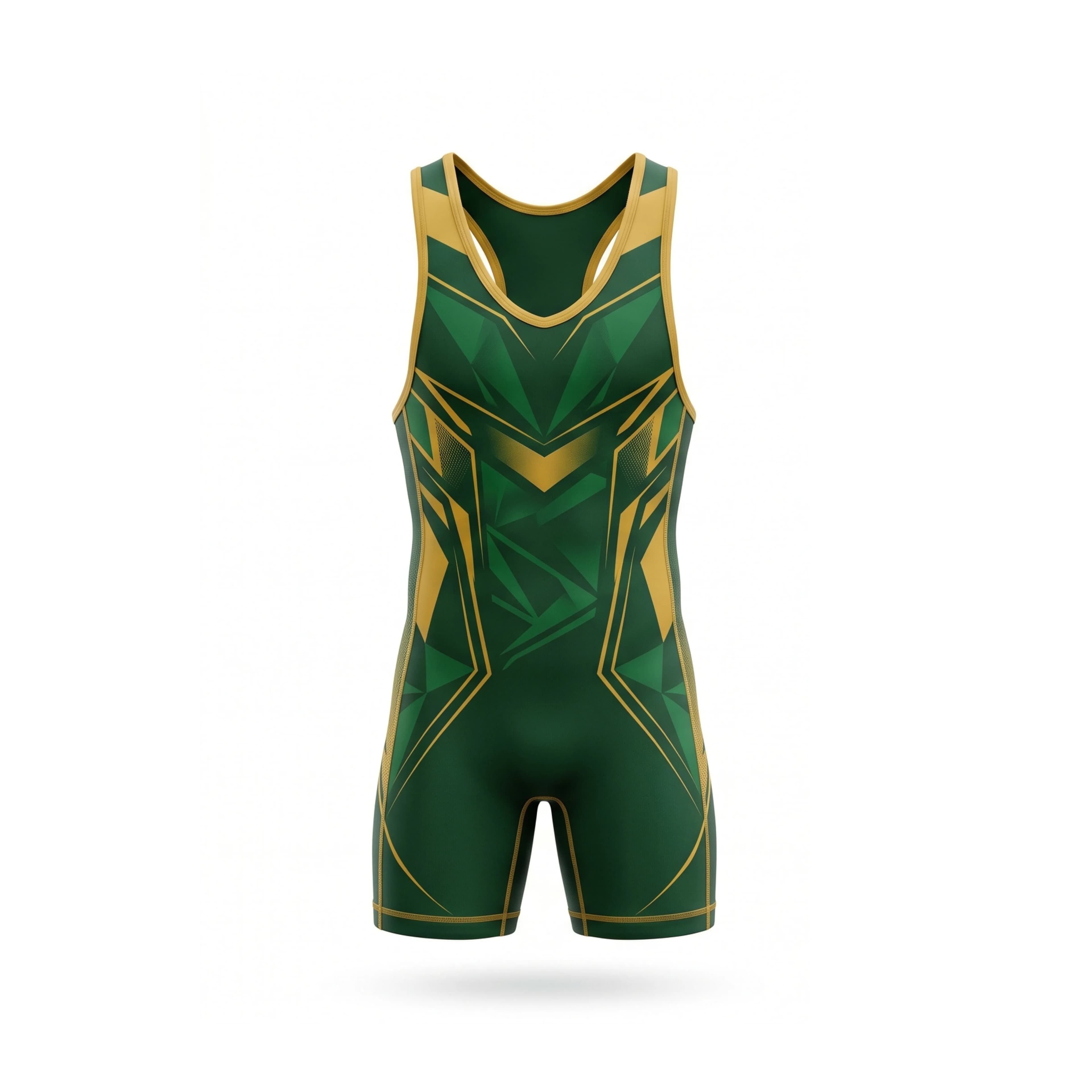 Deep Green Gold Geometric Pattern Wrestling Singlet