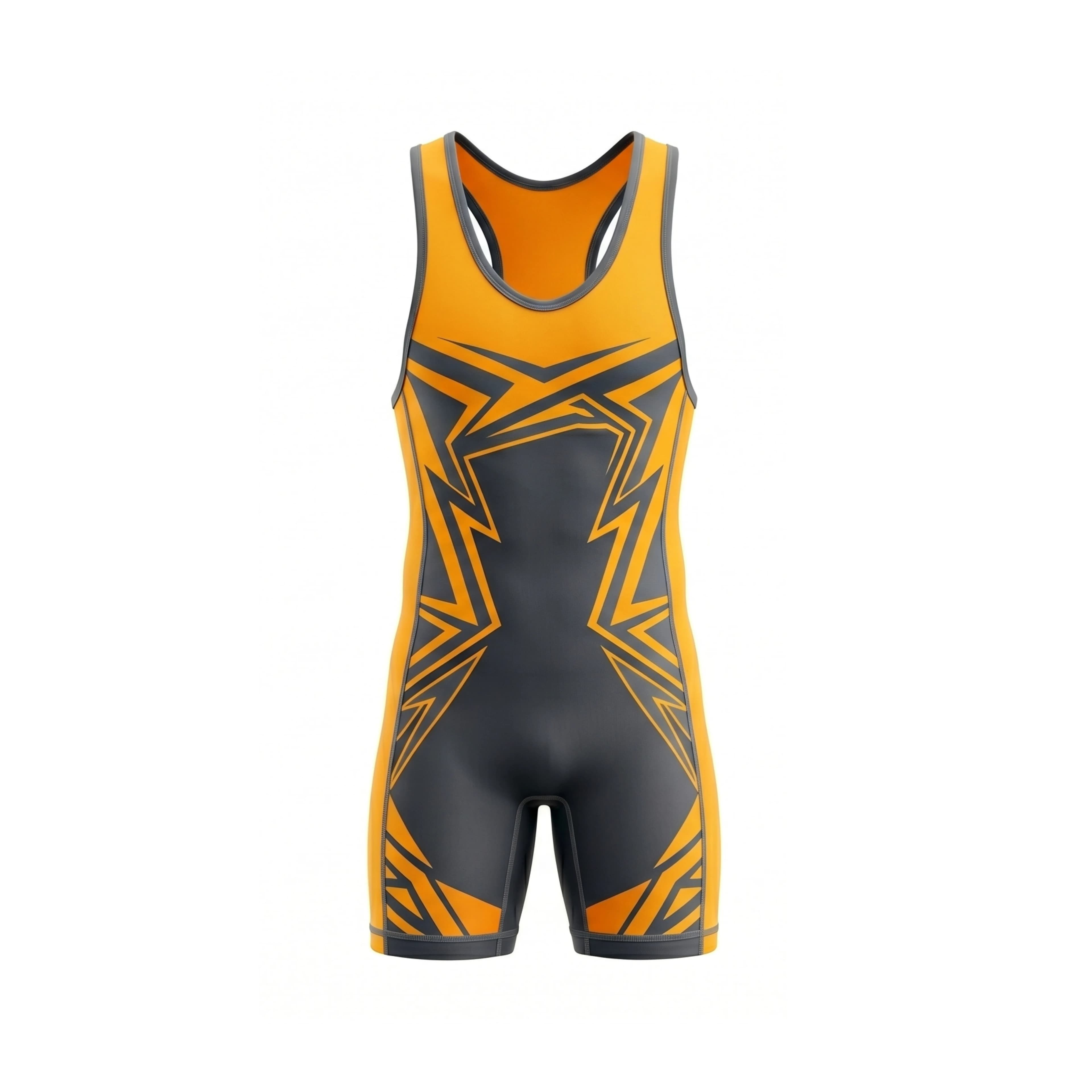 Orange & Grey Geometric Bolt Pattern Wrestling Singlet