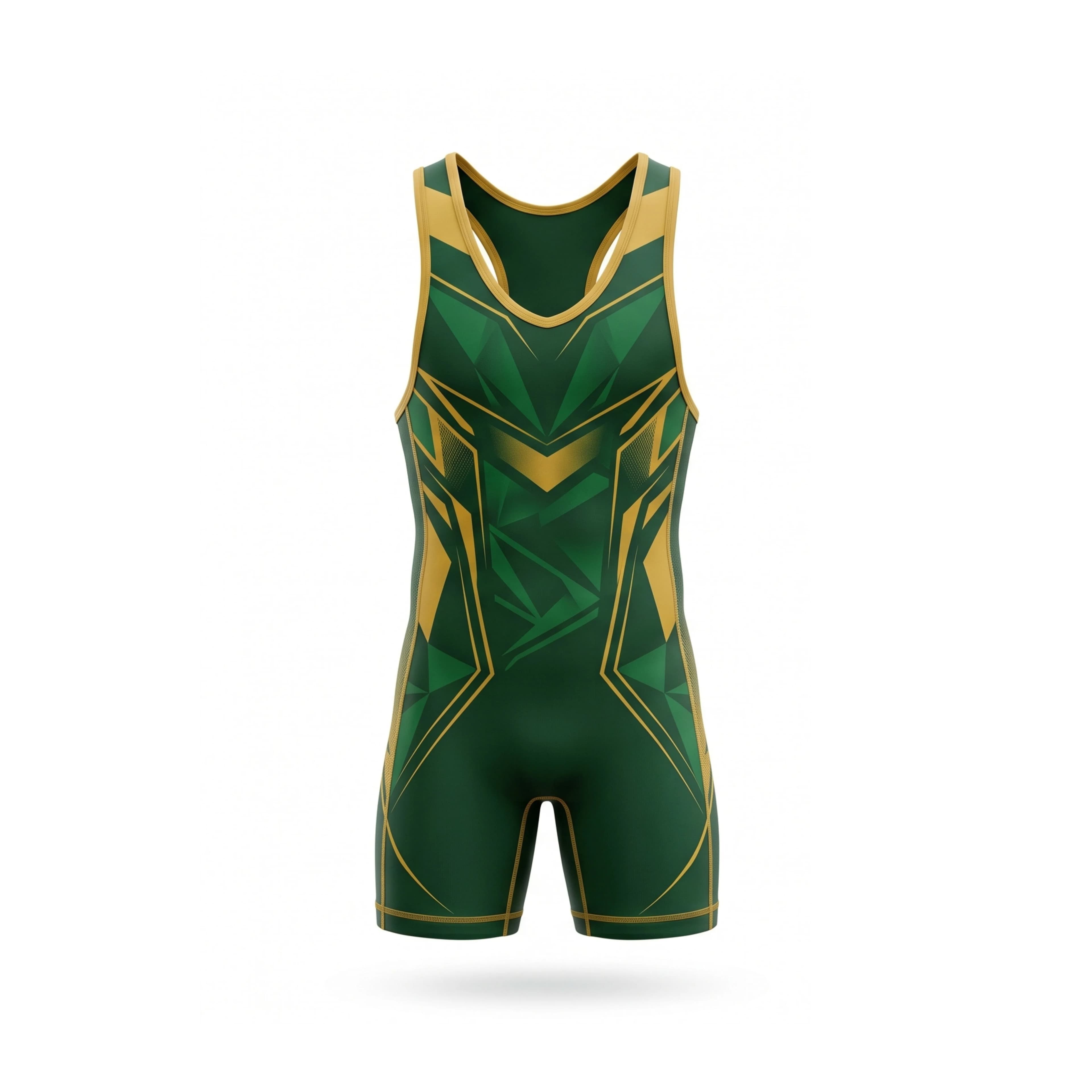 Dark Green & Gold Geometric Pattern Wrestling Singlet