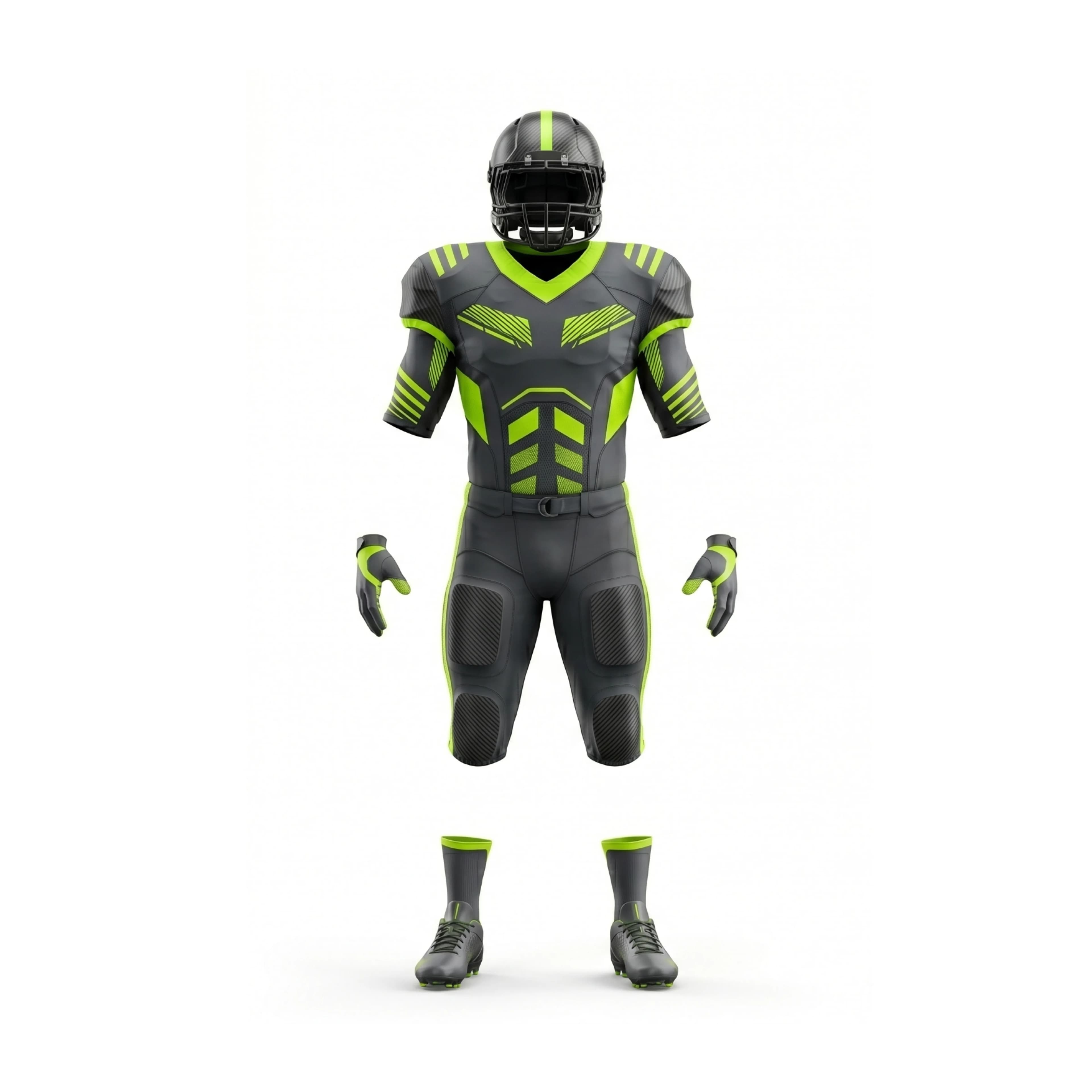 Black & Neon Green Padded American Football Uniform with Helmet & Cleats
