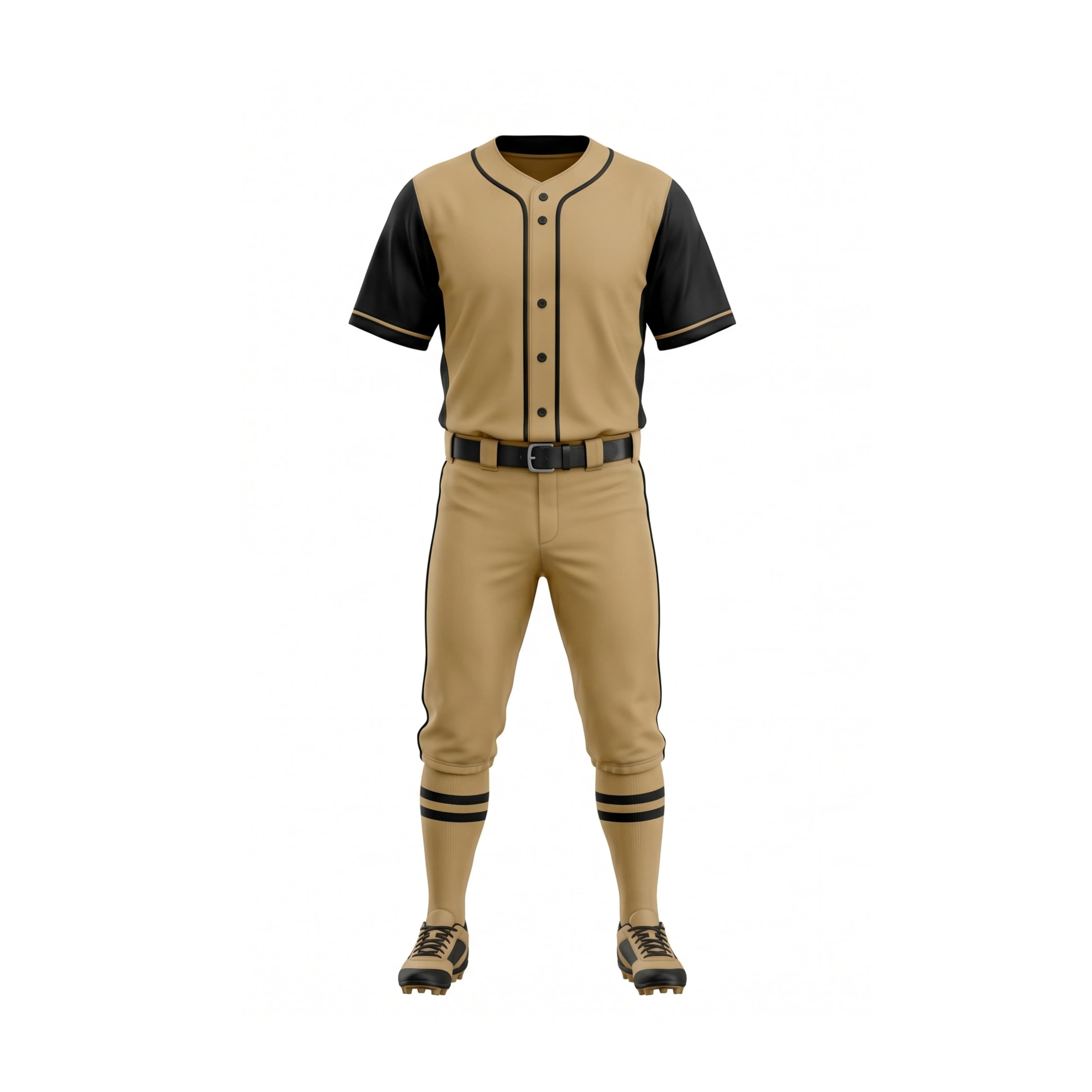 Khaki & Black Piped Full-Button Baseball Uniform Set