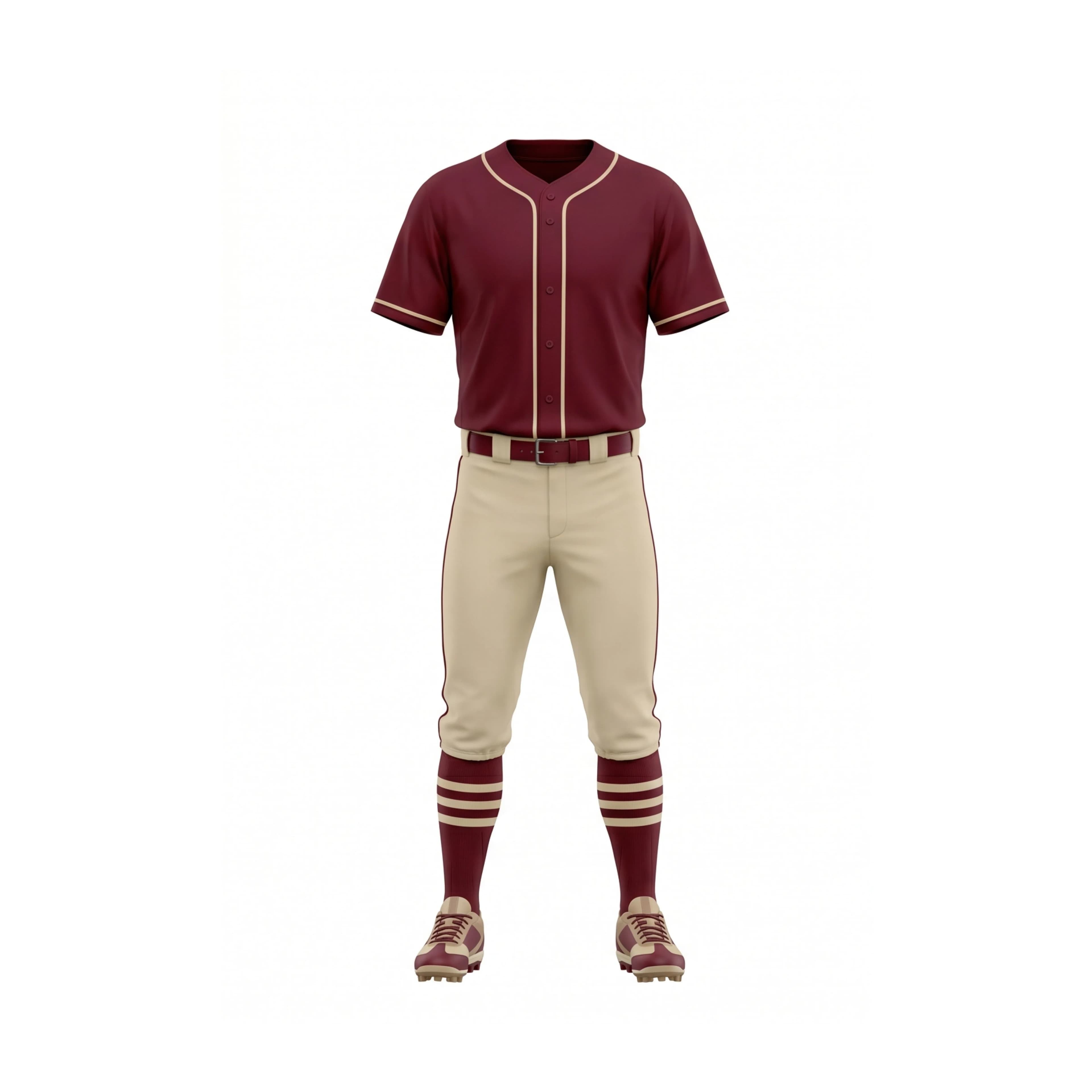 Maroon V-Neck Baseball Uniform with Tan Pants & Striped Socks