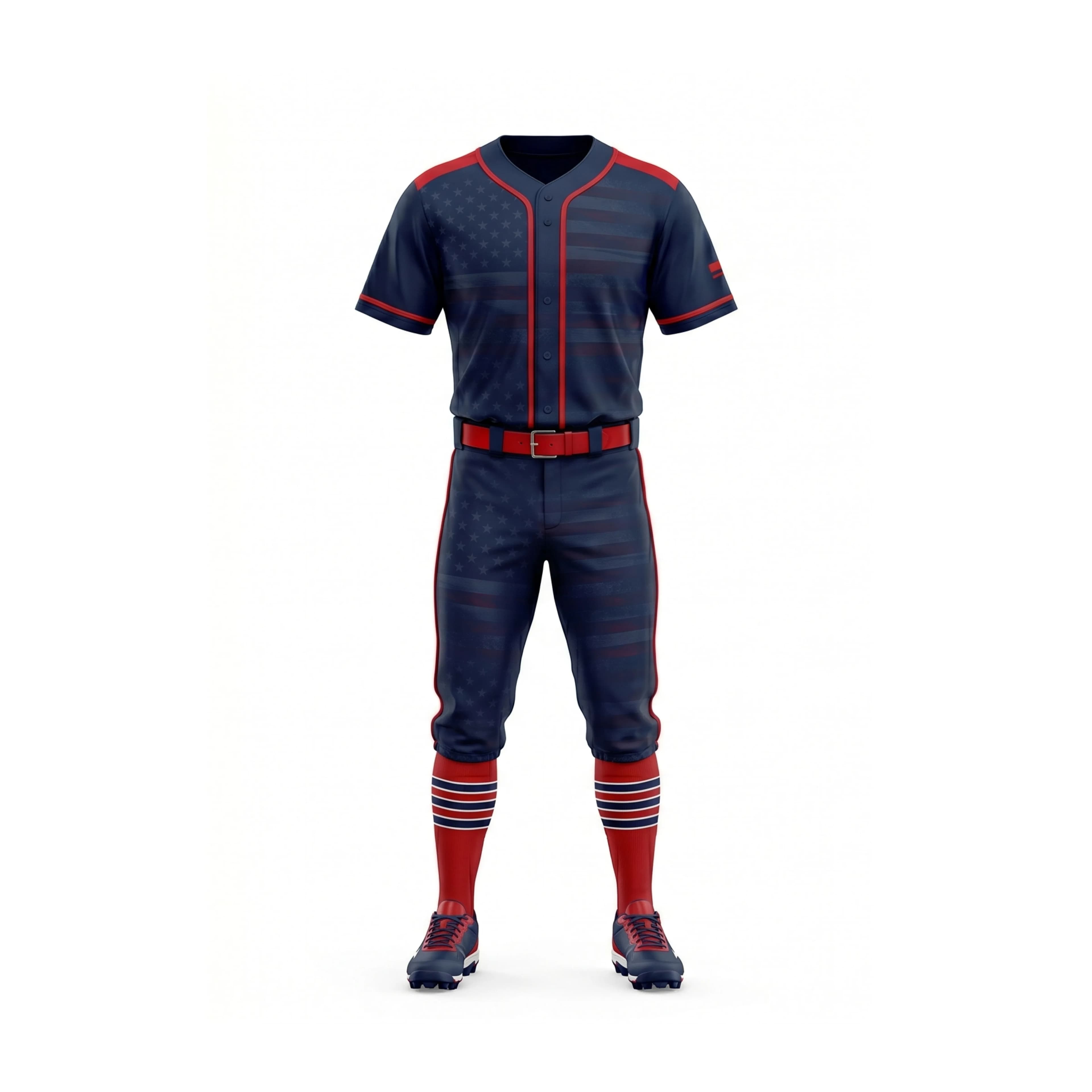 Navy Red American Flag Baseball Uniform Set with V-Neck Jersey