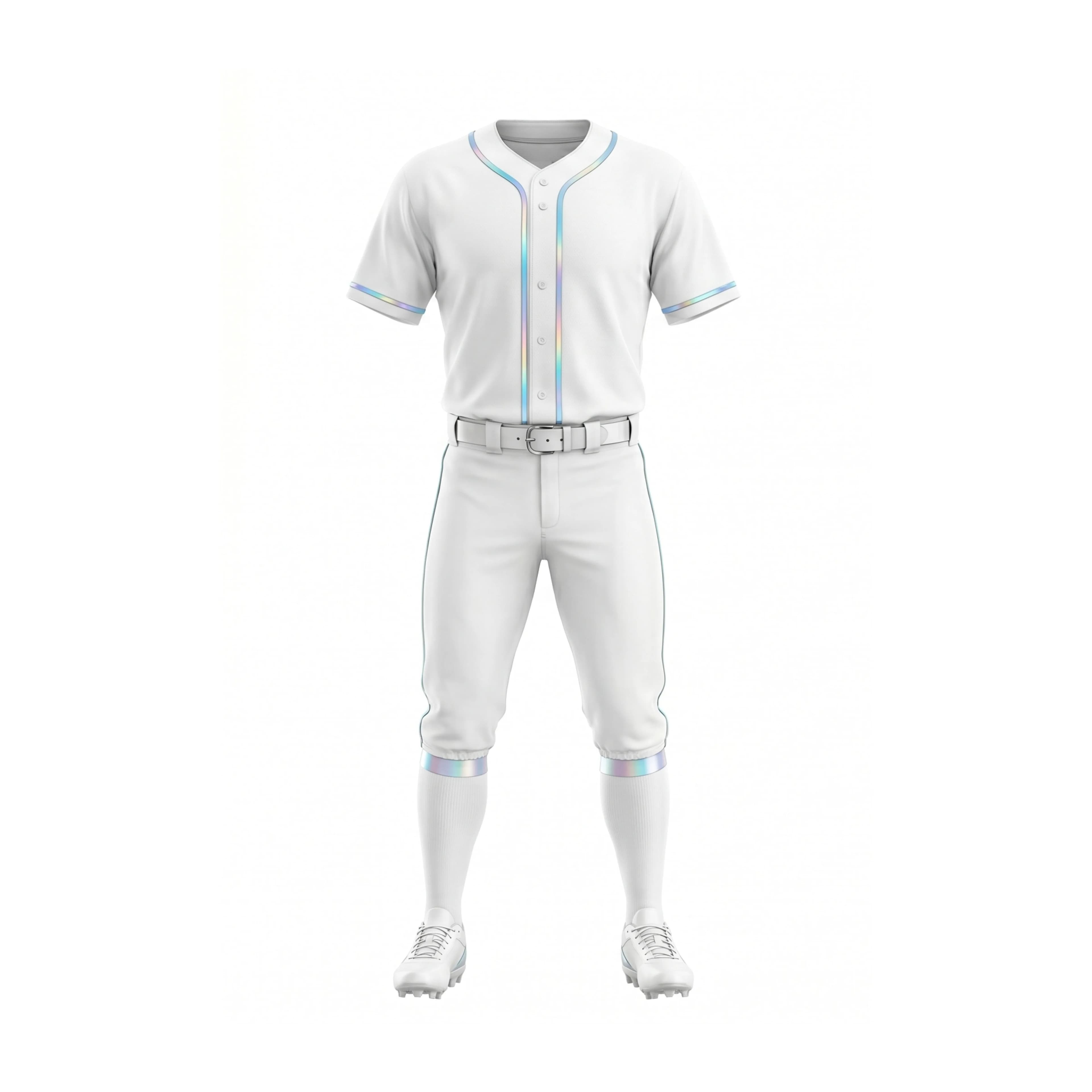 White Baseball Uniform Set with Iridescent Trim & Pants
