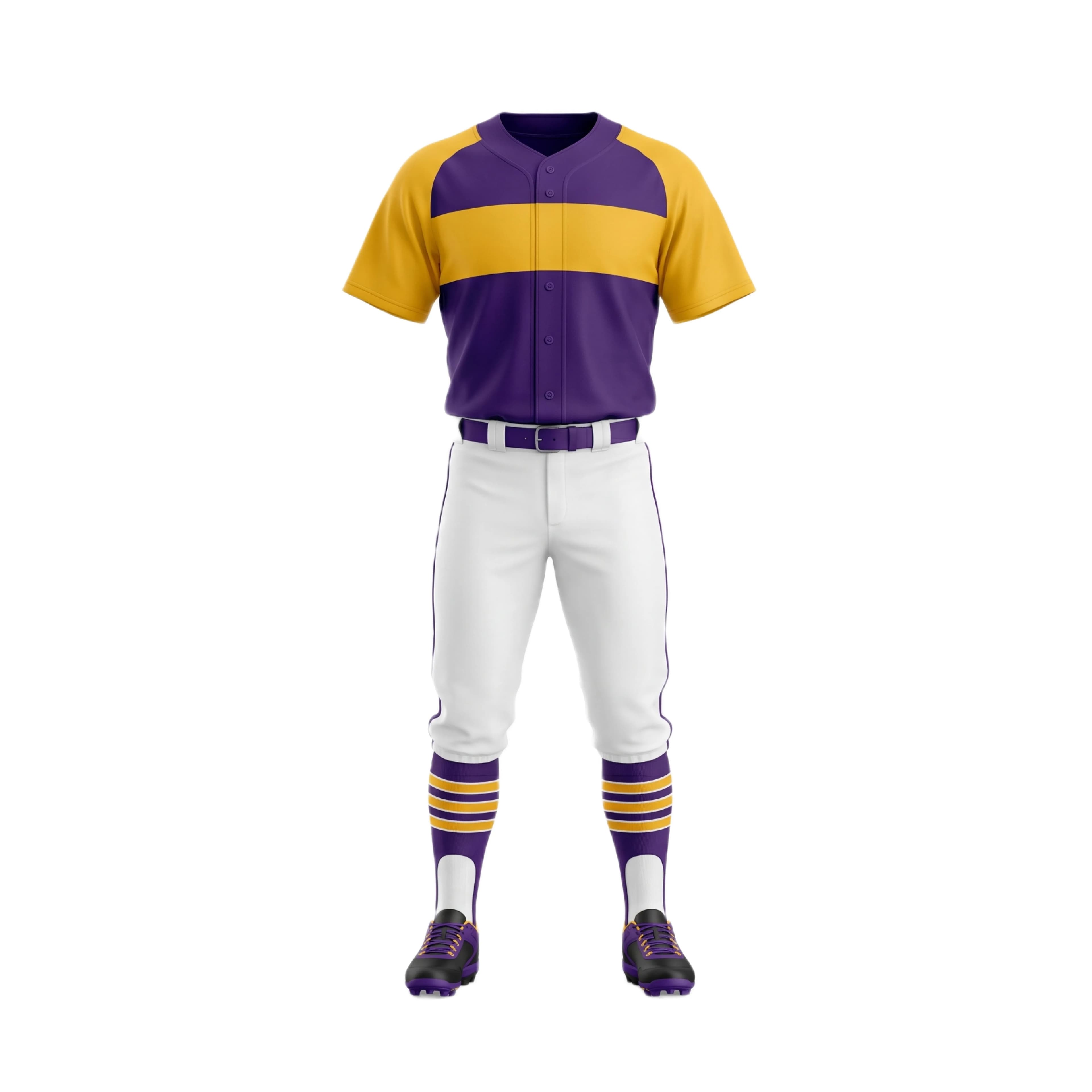 Purple & Gold V-Neck Baseball Uniform Set with White Pants