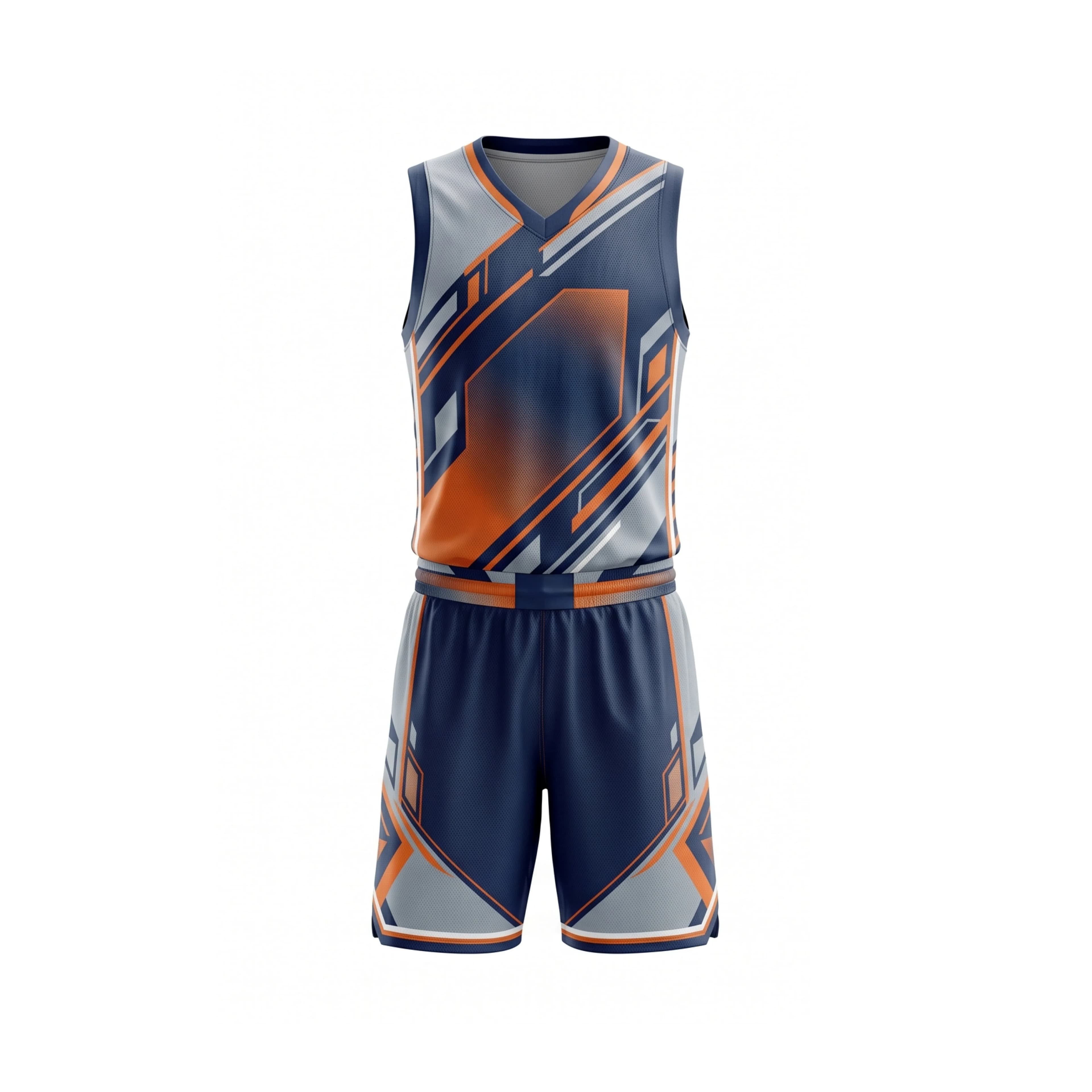 Navy, Orange, and Grey Geometric Basketball Uniform Set