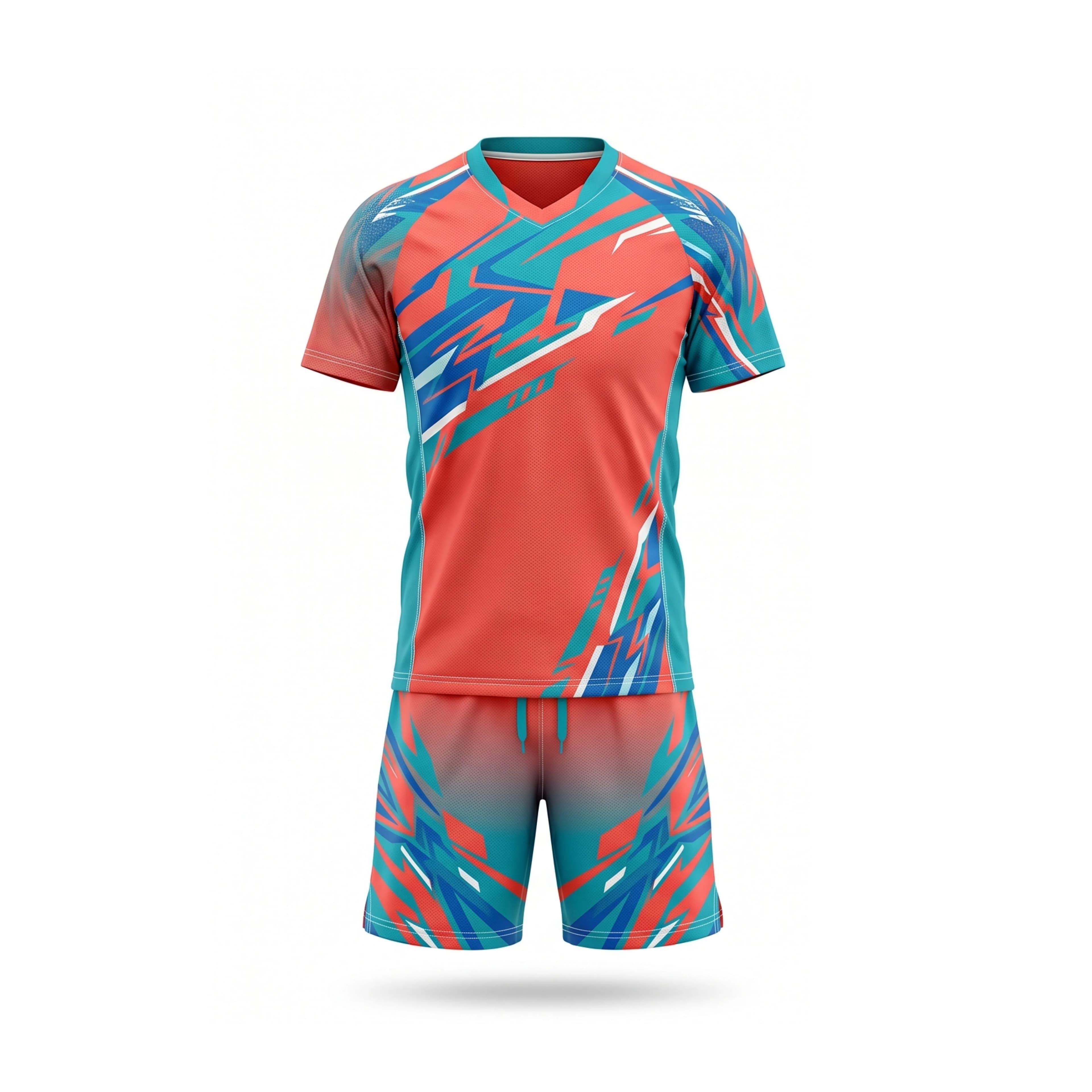 Coral Red & Teal Blue Graphic Badminton Jersey & Shorts Set