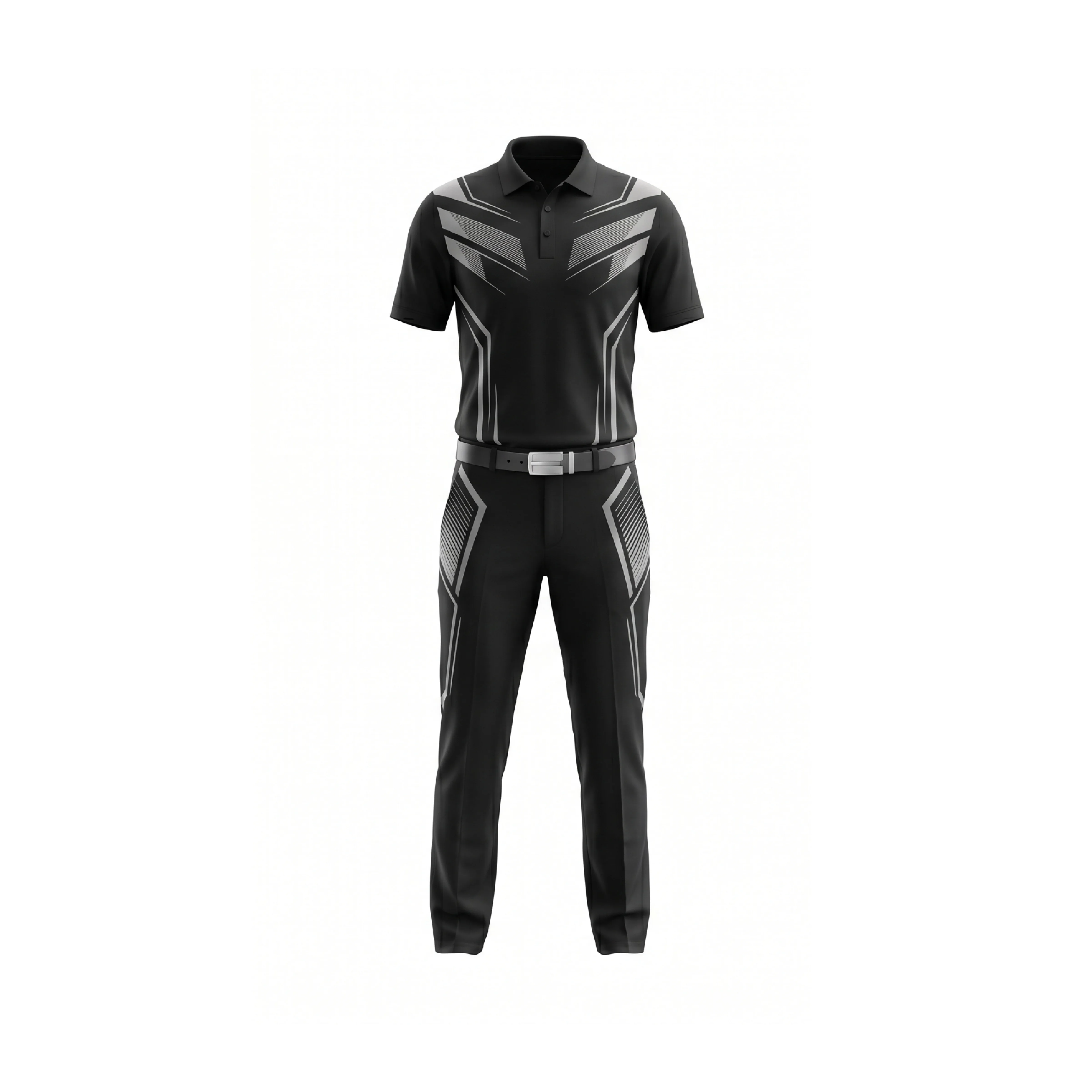 Black & Silver Geometric Golf Polo Shirt and Pants Set