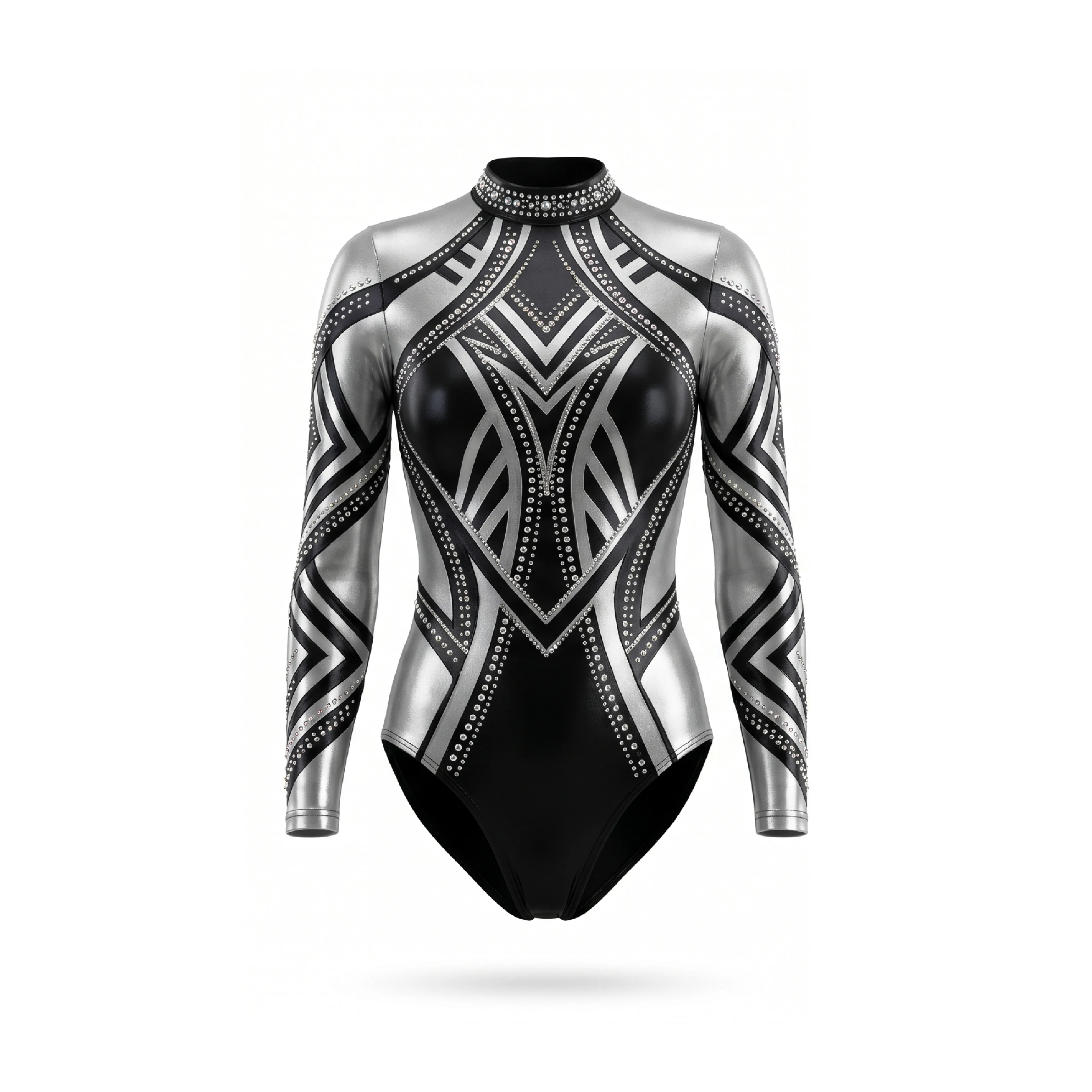 Shiny Black and Silver High-Neck Gymnastics Leotard with Geometric Pattern