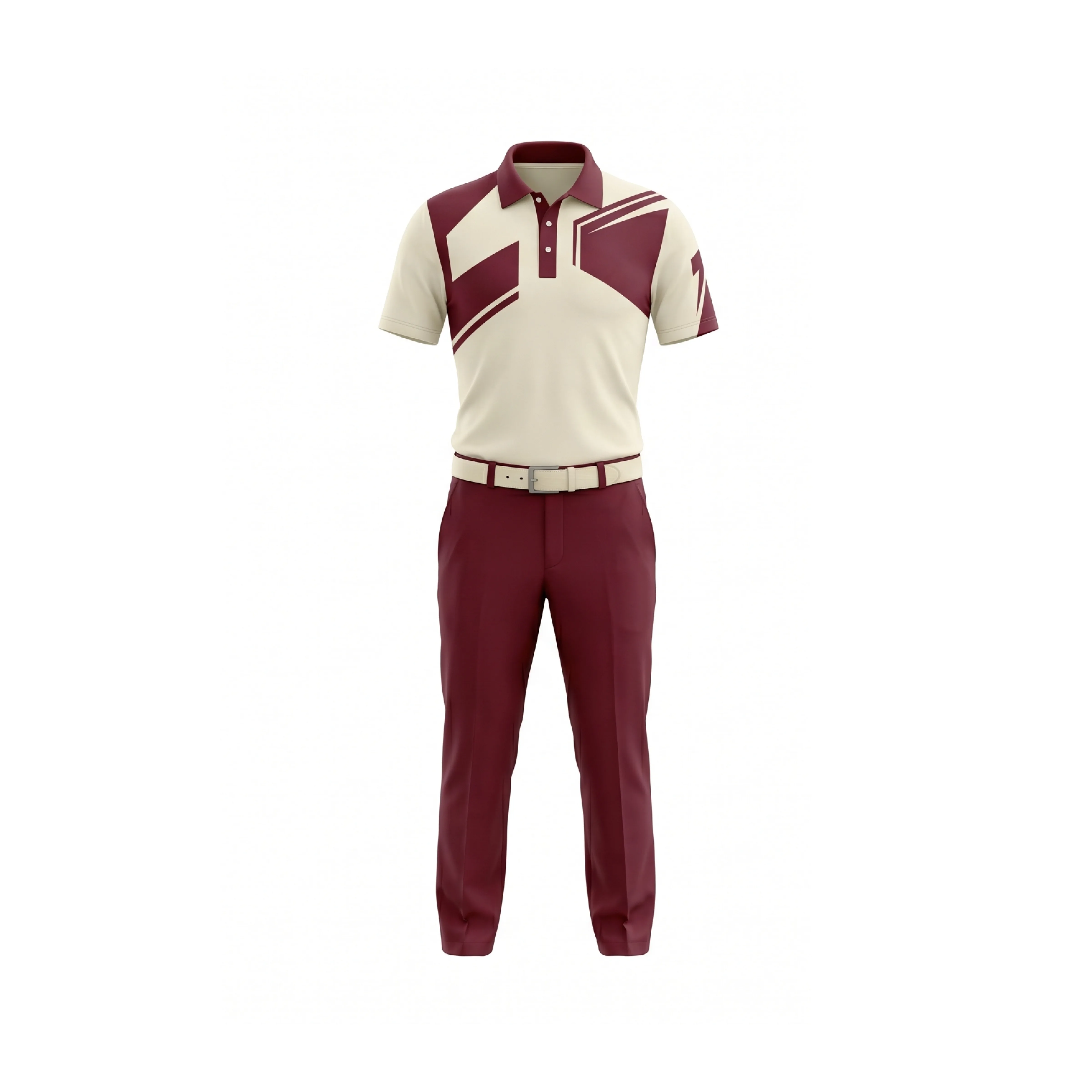 Cream & Maroon Geometric Pattern Golf Polo & Pants Set
