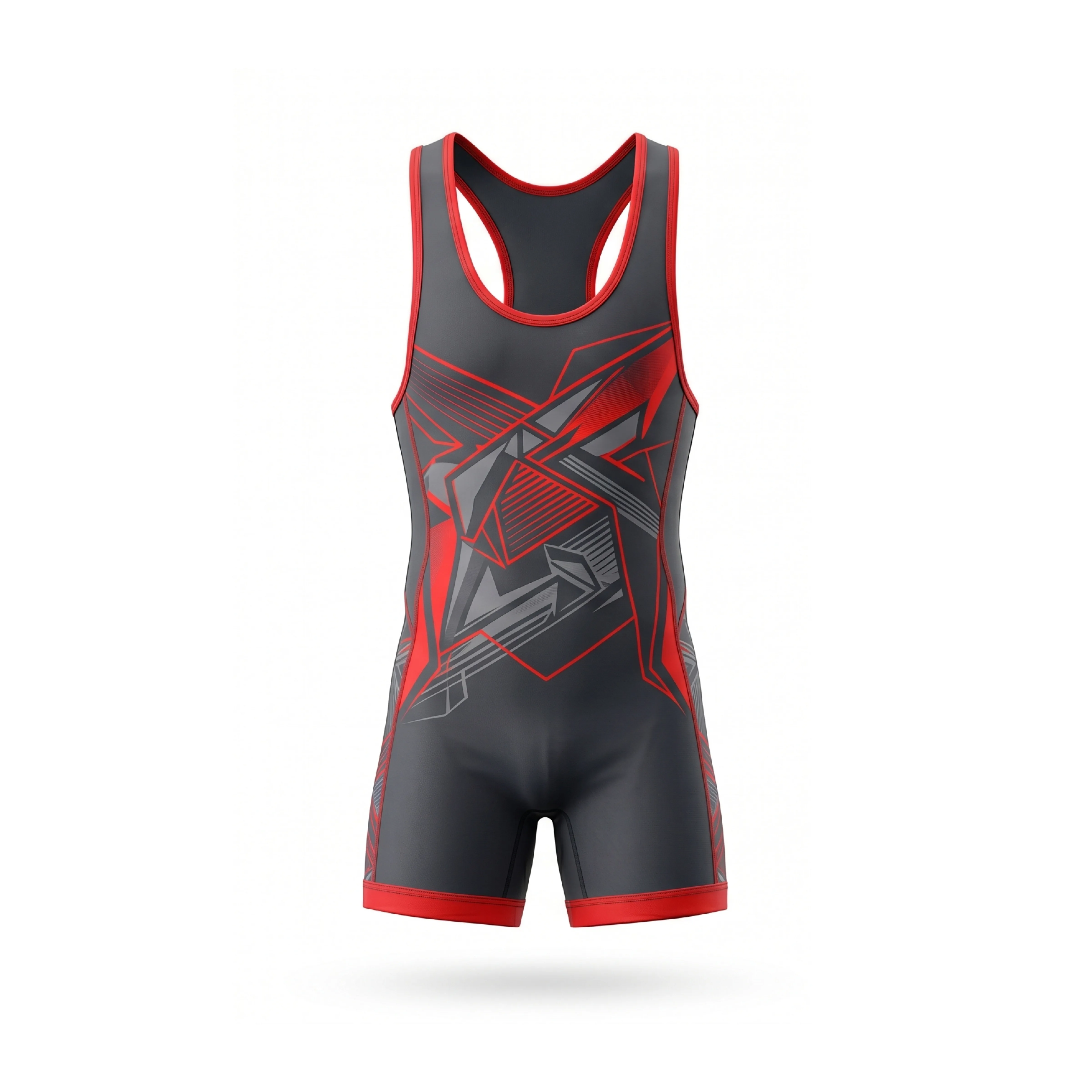 Dark Grey & Red Geometric Pattern Wrestling Singlet