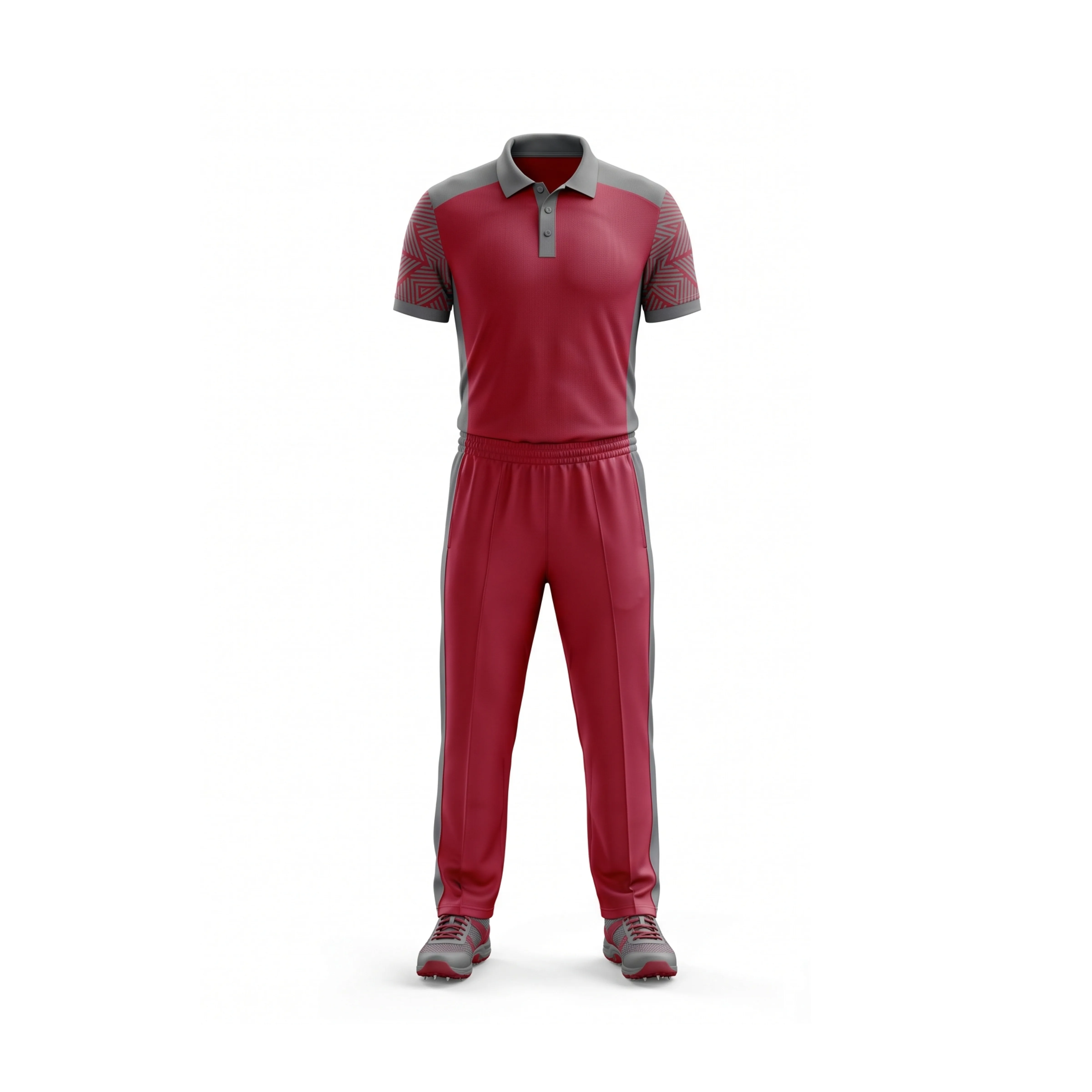 Dark Red & Grey Patterned Cricket Polo & Track Pants Set