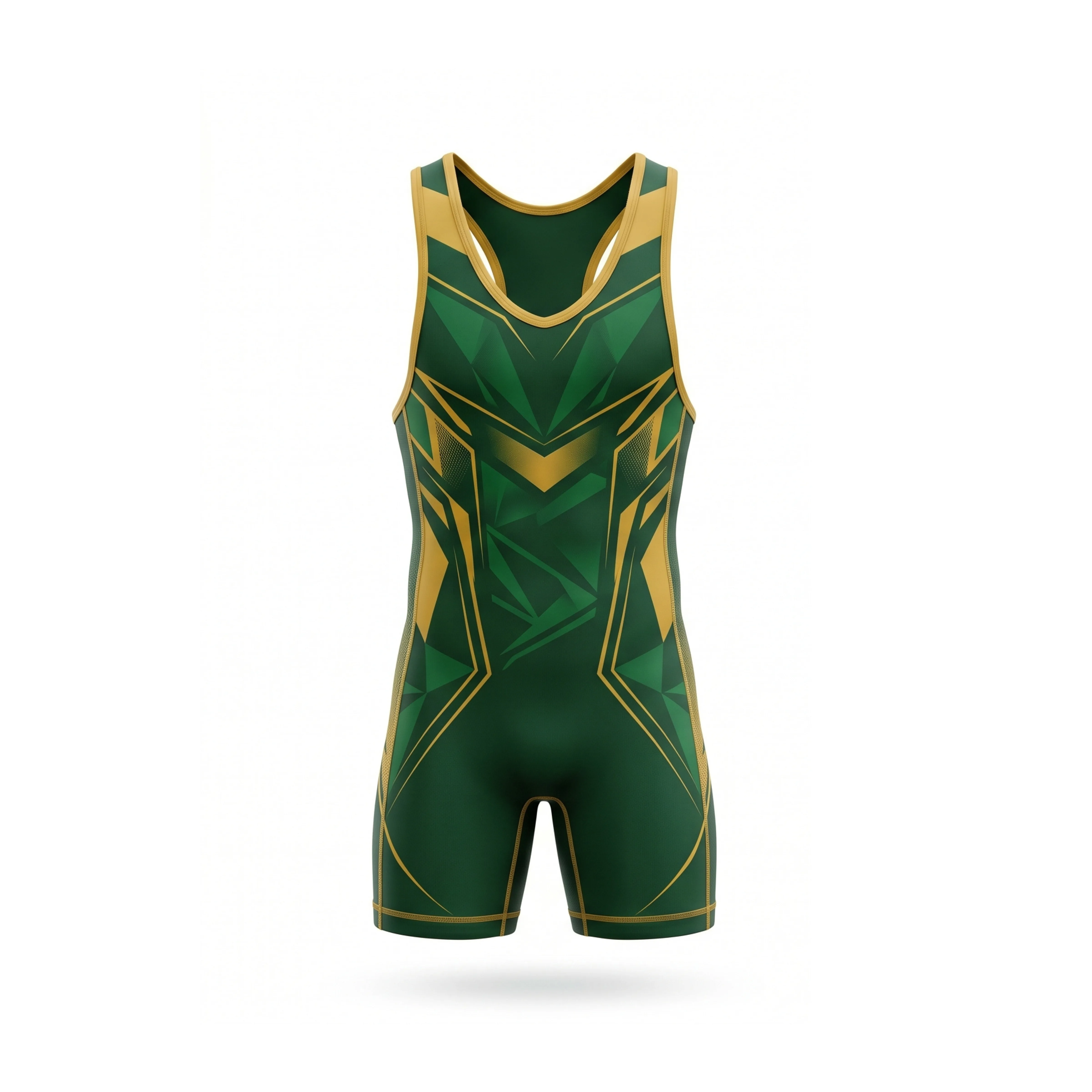 Deep Green Gold Geometric Pattern Wrestling Singlet