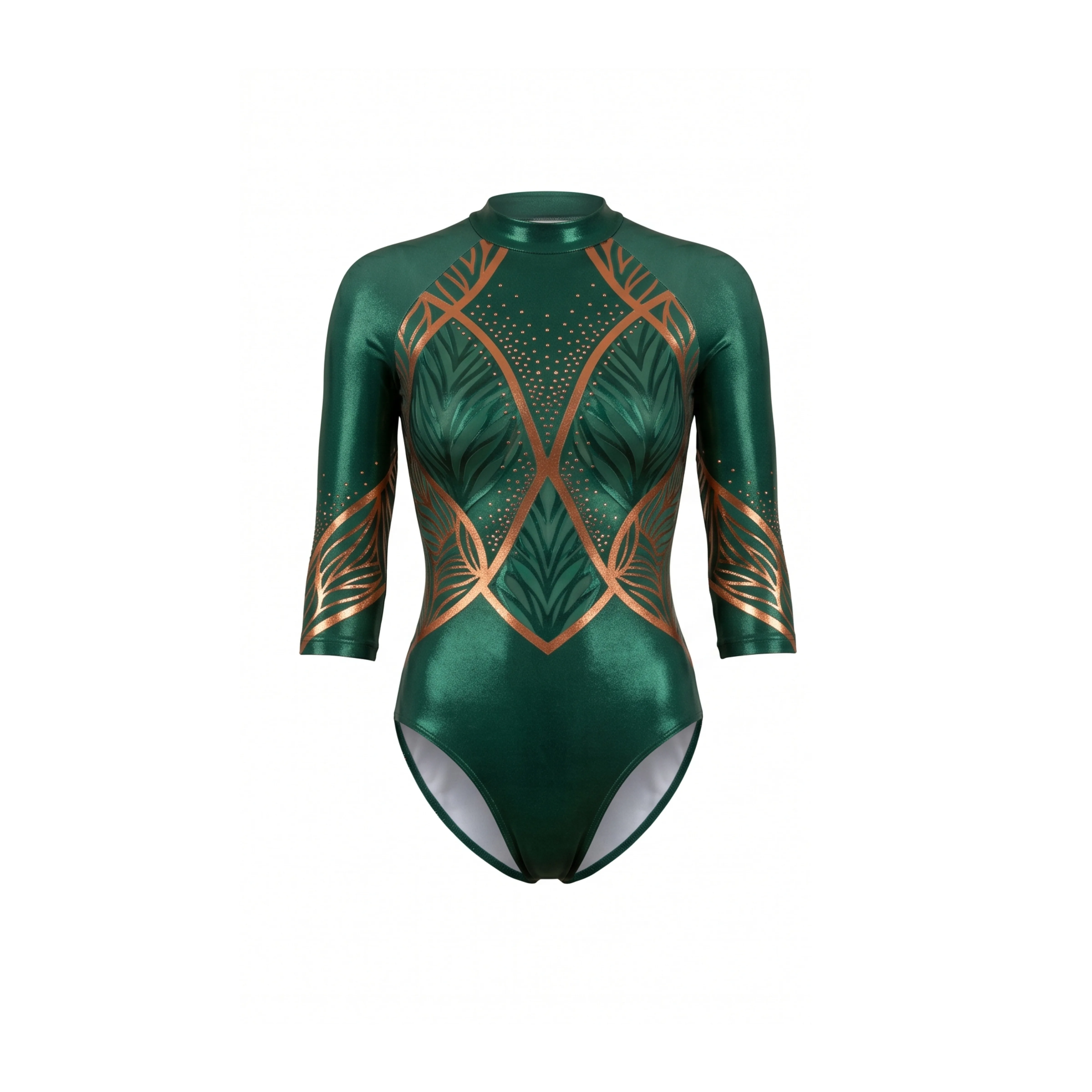 Emerald Green Gymnastics Leotard with Gold Leaf Pattern & Keyhole Back