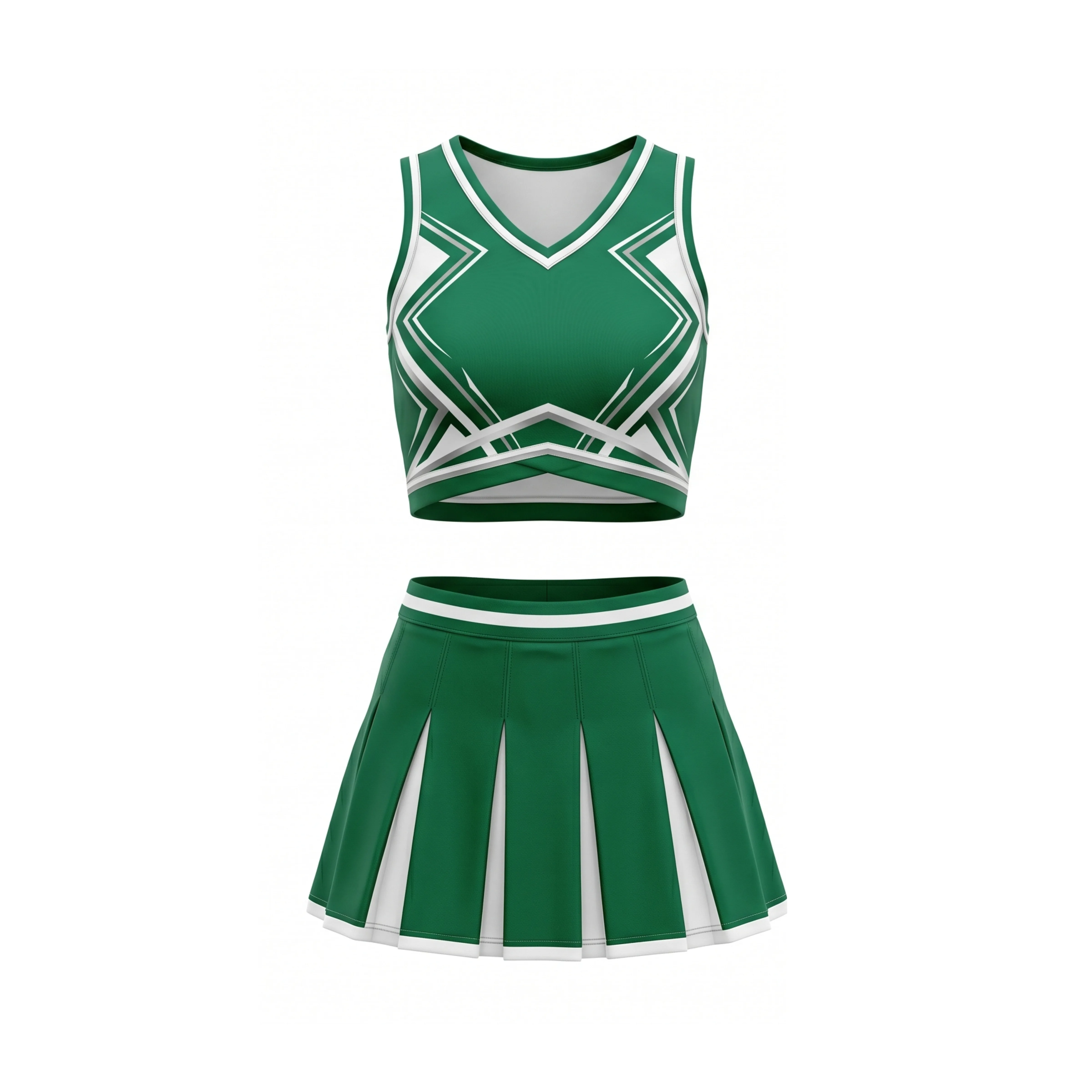Emerald Green & White Geometric V-Neck Cheer Crop Top and Pleated Skirt Set