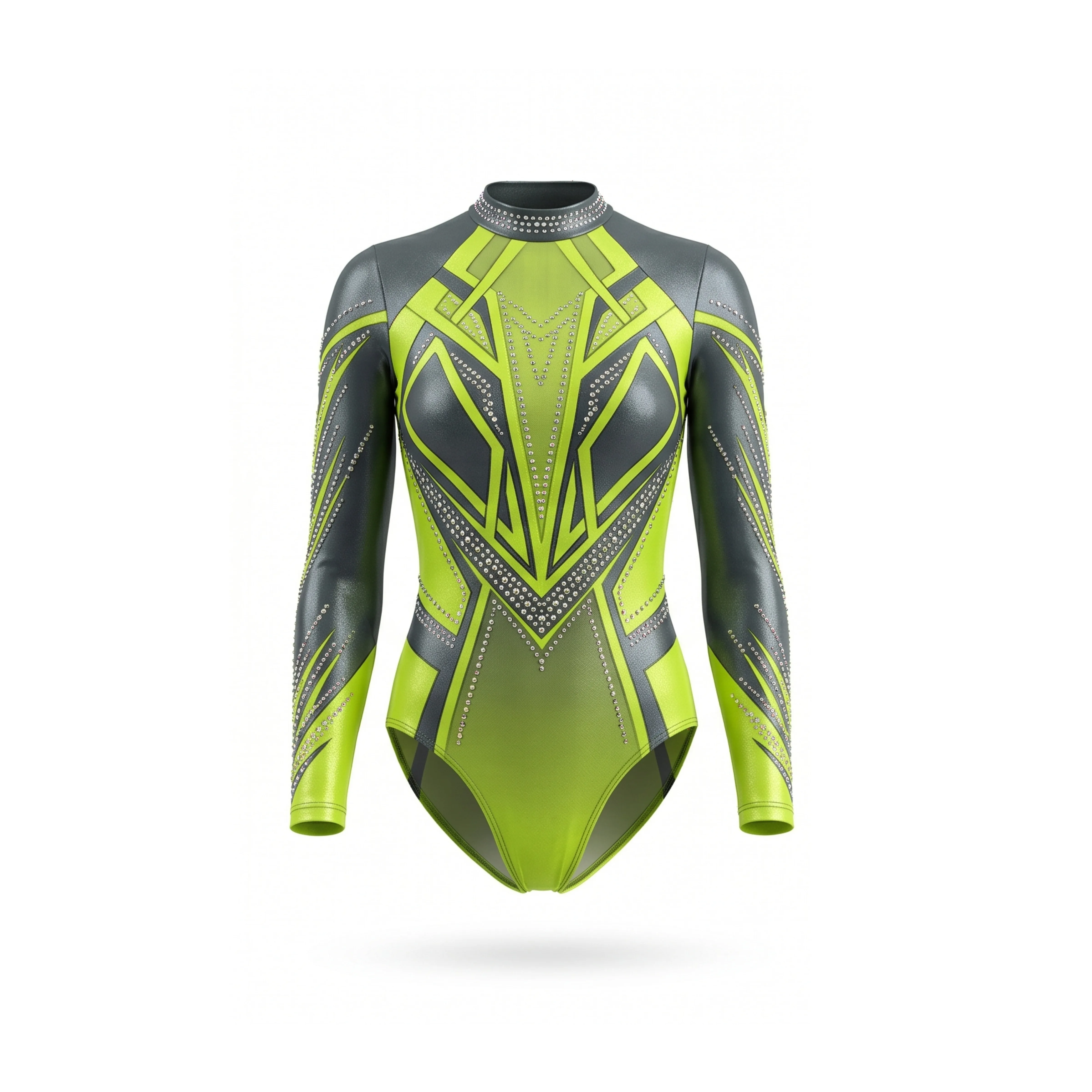 Lime Green & Anthracite Geometric Pattern Long Sleeve Gymnastics Leotard