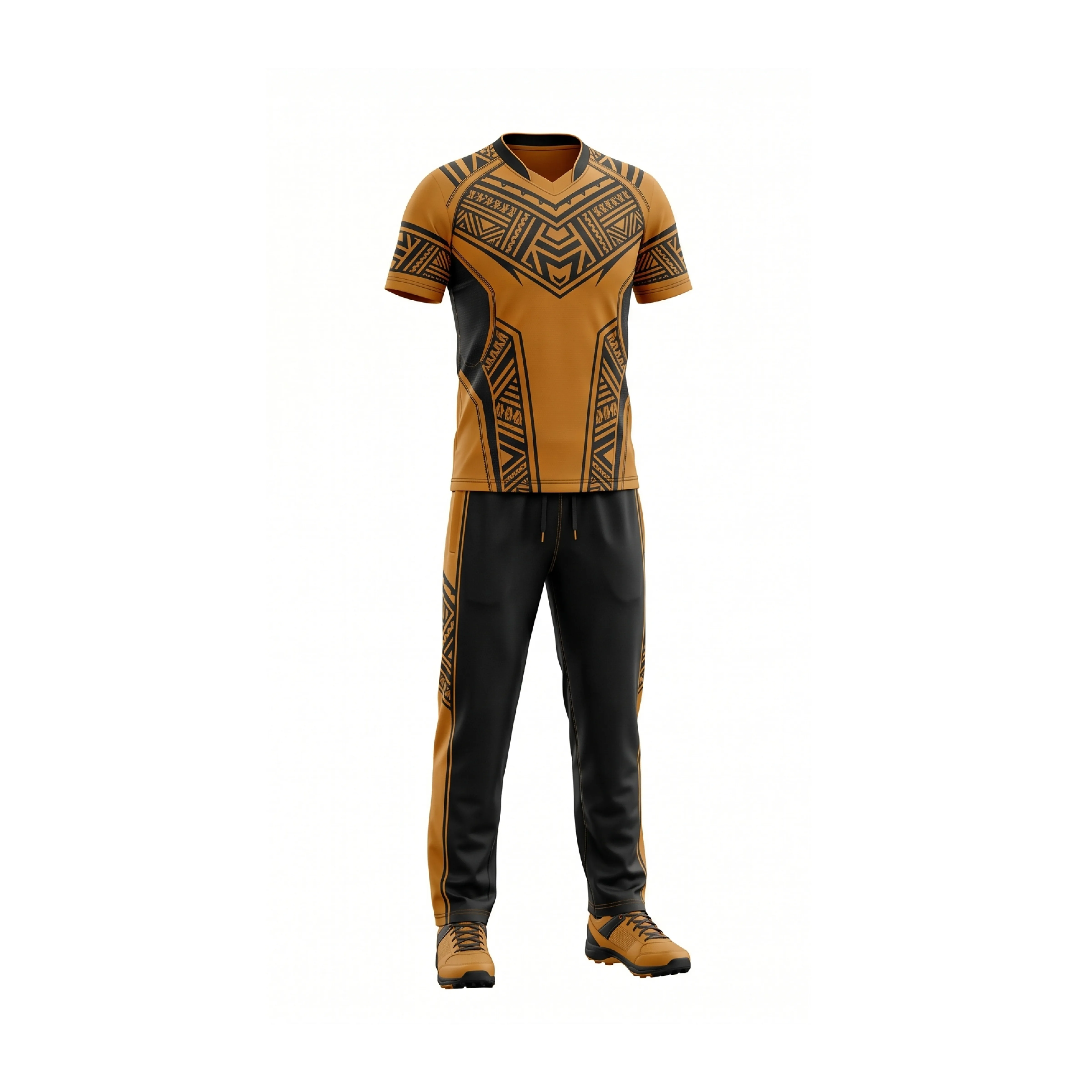 Gold & Black Tribal Pattern Cricket Jersey & Pants Set
